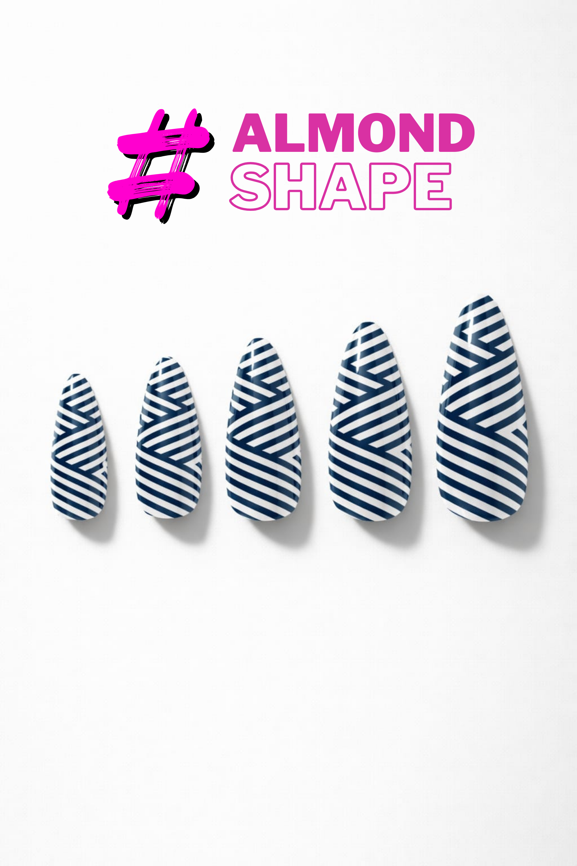 Nail art tips with blue and white striped design on a white background, labeled 'Almond Shape'.
