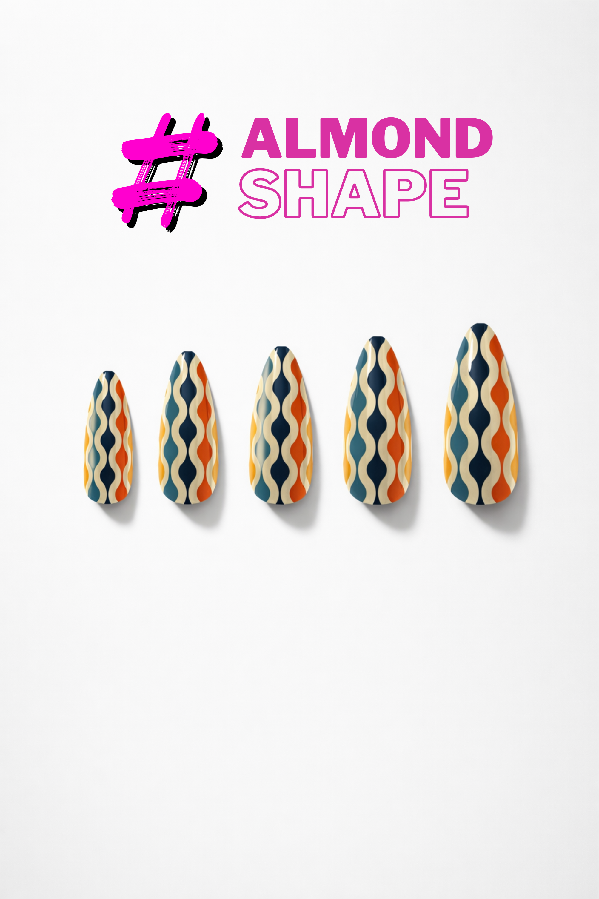 Five almond-shaped nail designs with a colorful pattern on a white background, featuring the hashtag '#Almond Shape' in pink text.