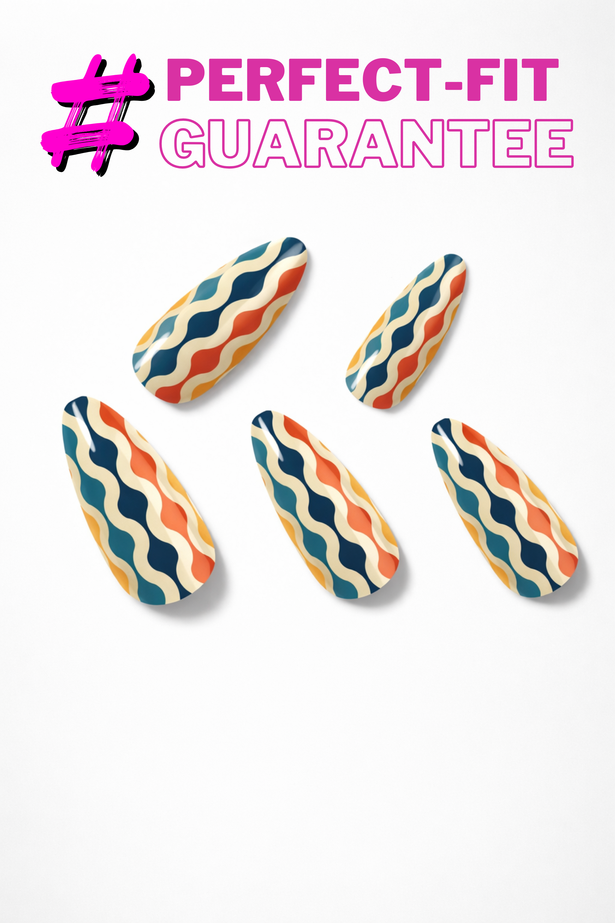 Colorful nail art designs on a white background with 'Perfect-Fit Guarantee' text.