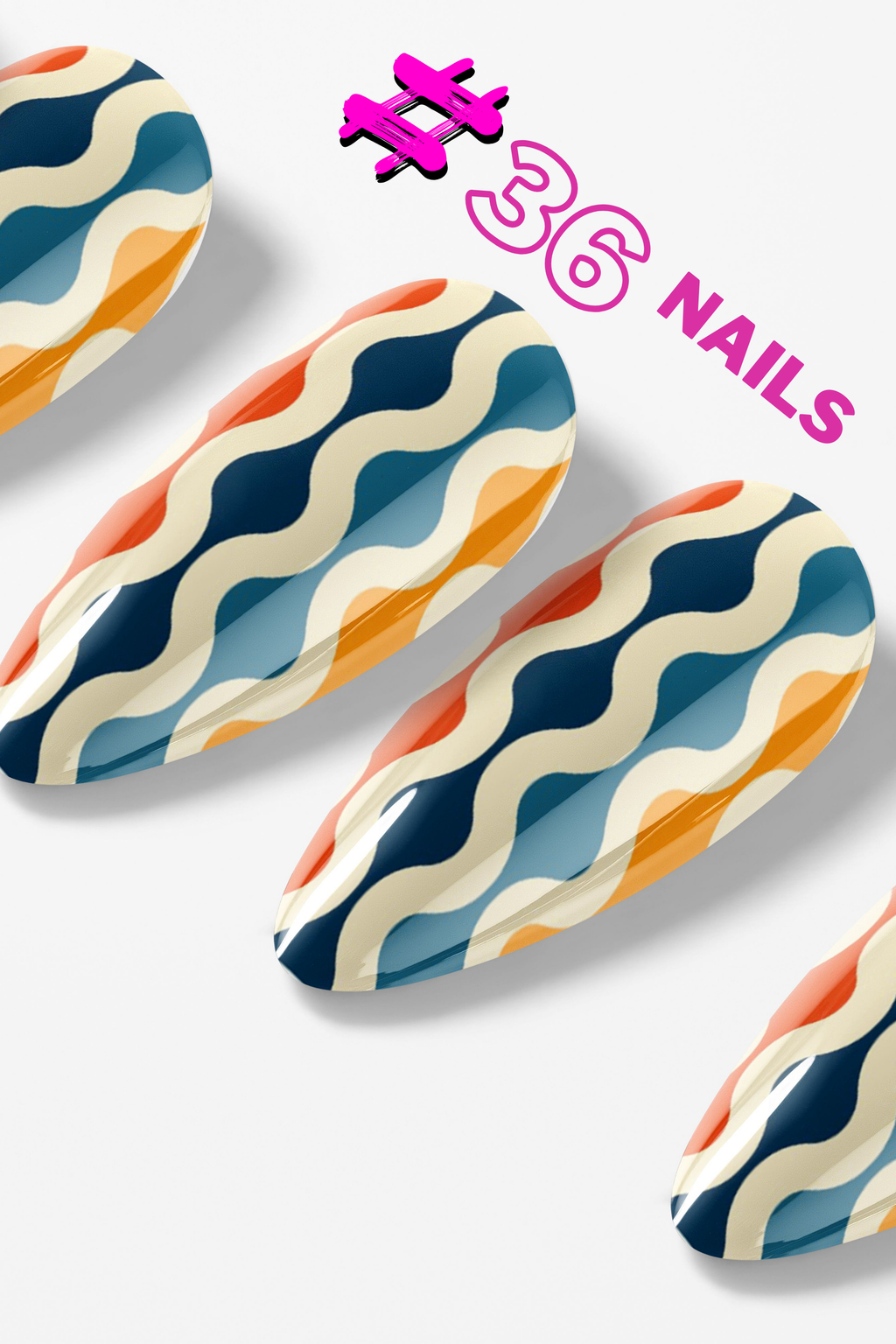 Colorful wavy nail art design with '#36 Nails' text on a white background