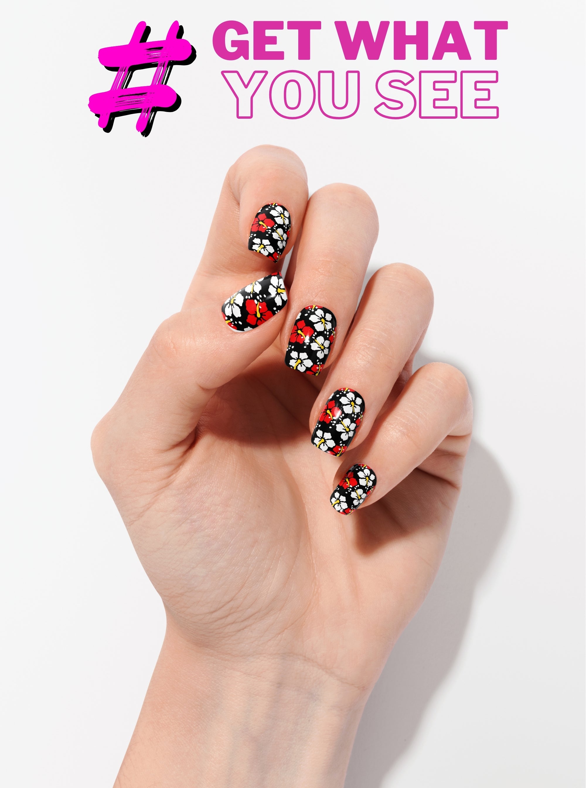 Hand with decorated nails holding a small box, with text 'GET WHAT YOU SEE' and '#' symbol on a light background.
