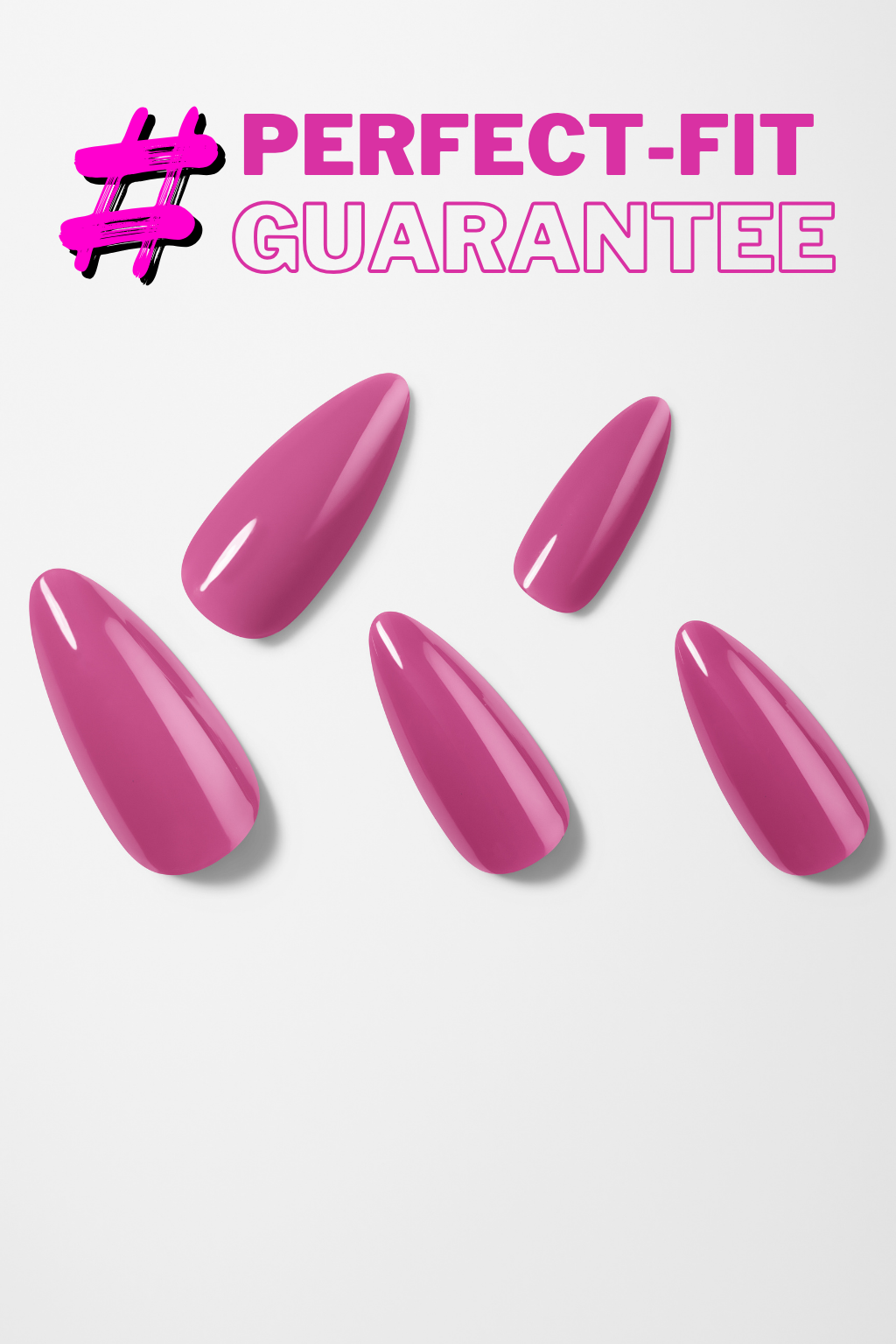 Pink nail polish bottles with 'Perfect-Fit Guarantee' text on a white background