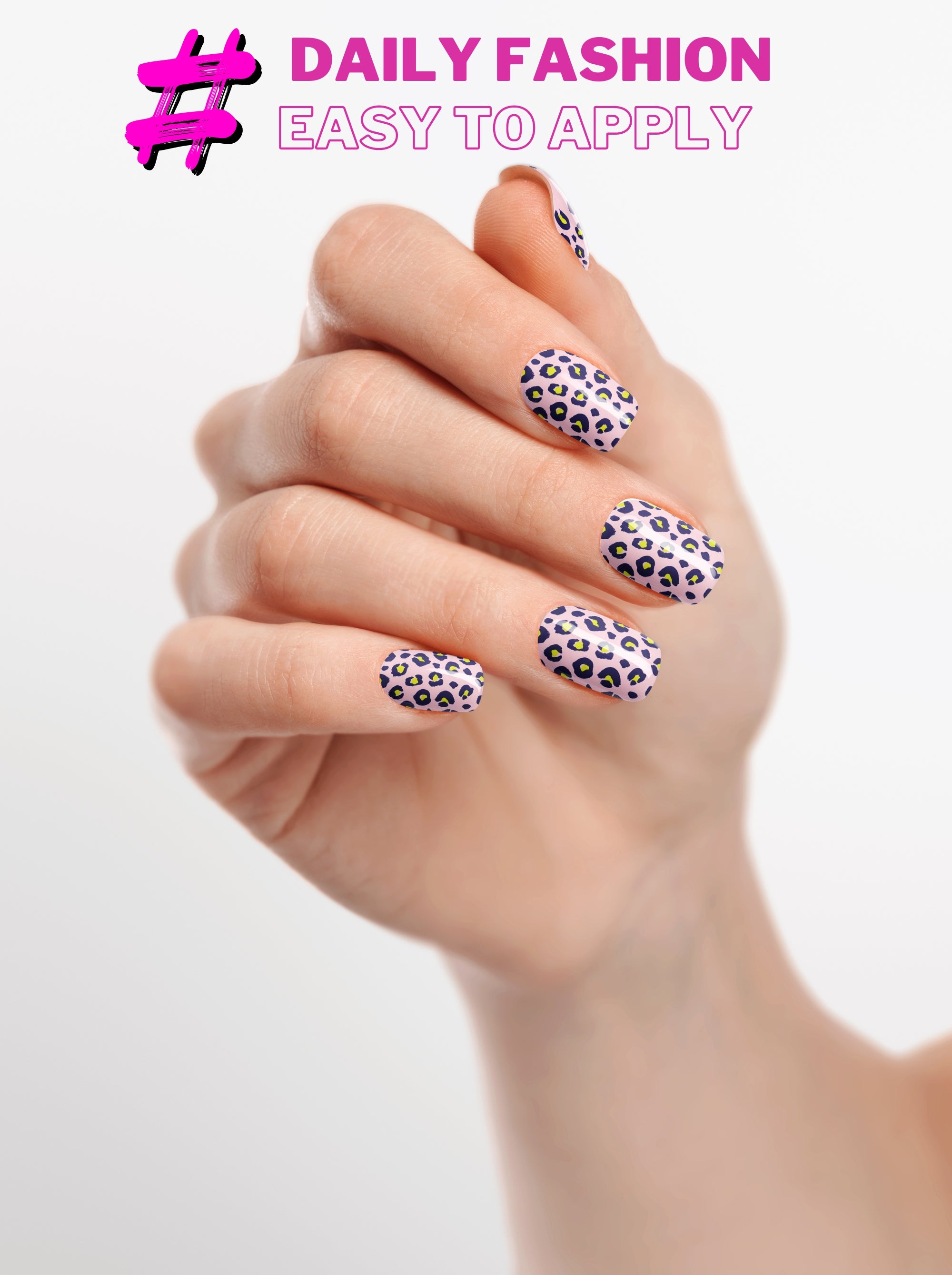 Hand with polka dot nail design on a white background with text 'Daily Fashion Easy to Apply'.