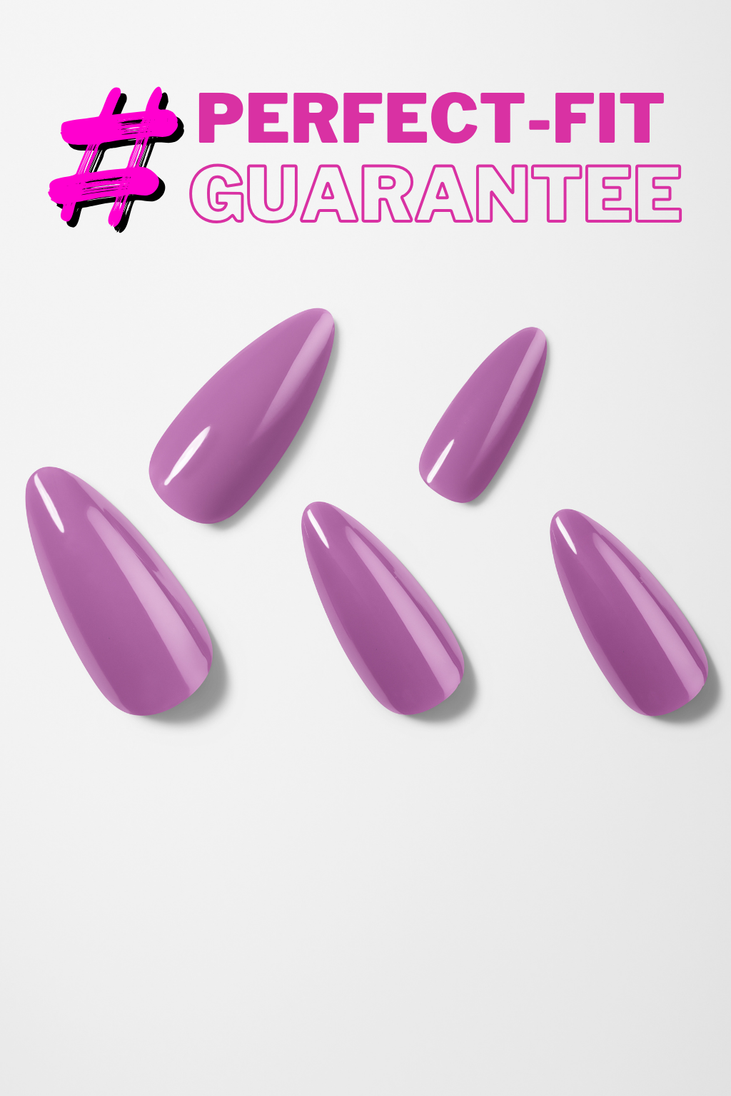 Purple nail extensions with 'Perfect-Fit Guarantee' text on a white background