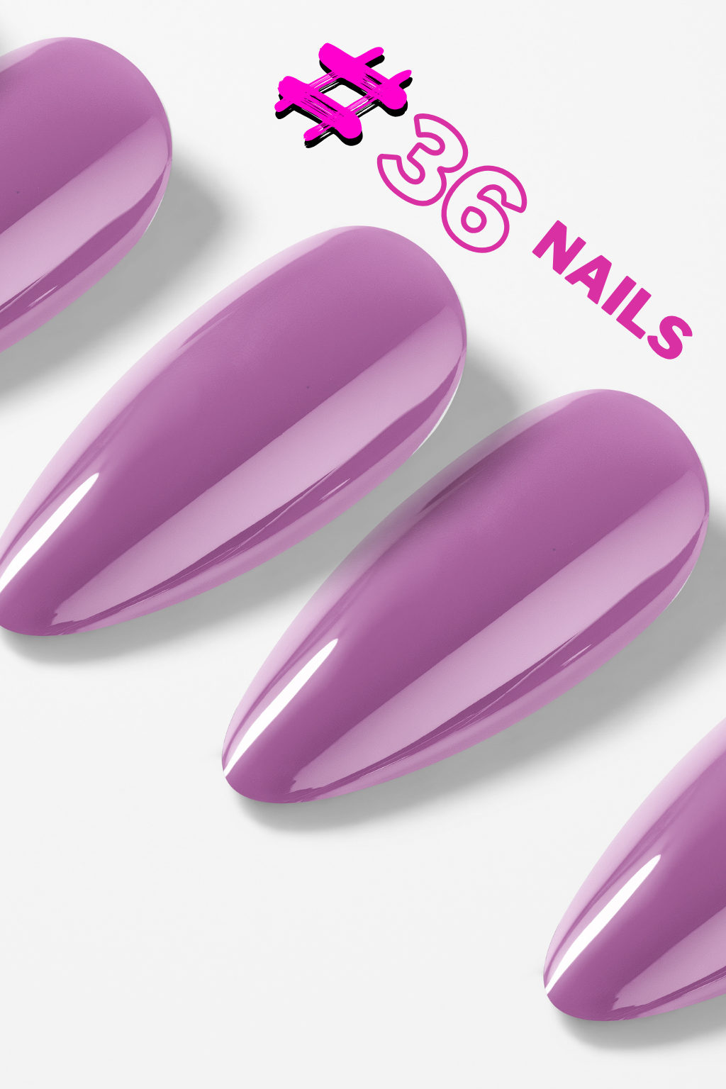 Purple nail extensions with '#36 Nails' branding on a white background