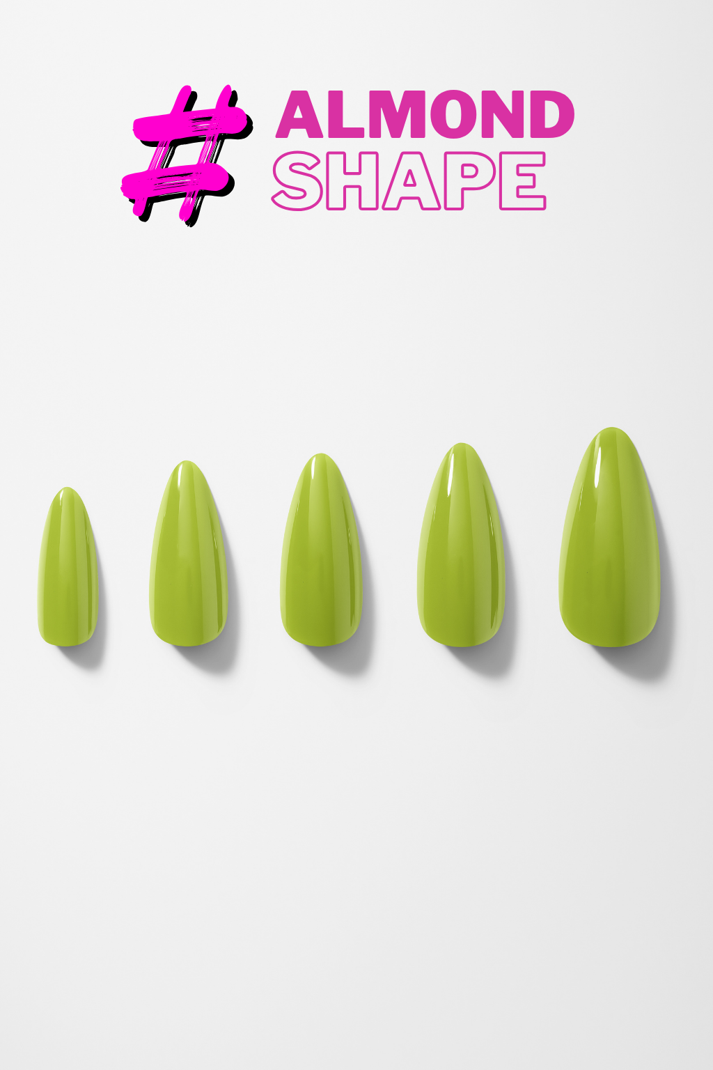 Five green almond-shaped nails on a white background with 'Almond Shape' text.