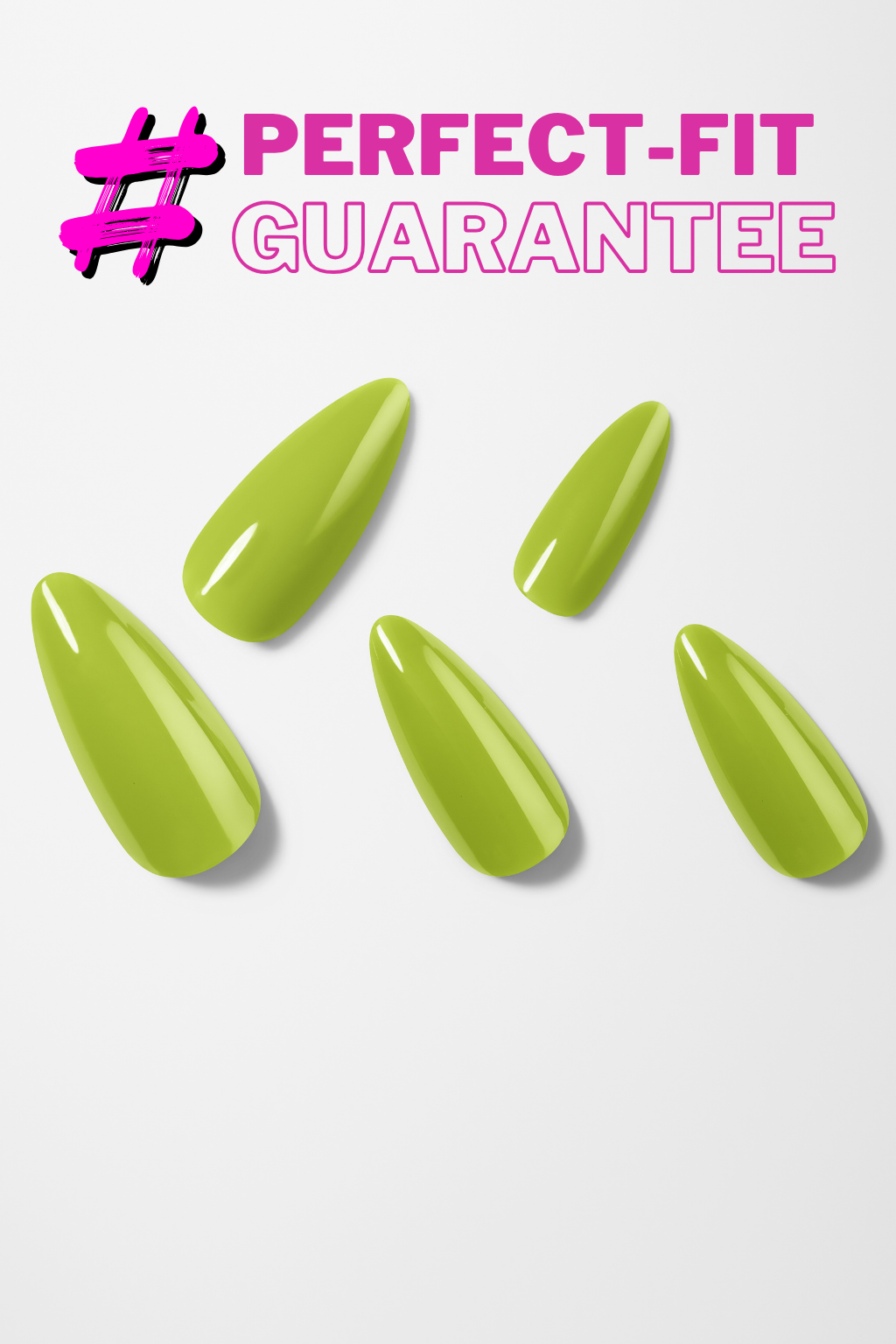 Green nail tips with 'Perfect-Fit Guarantee' text on a white background