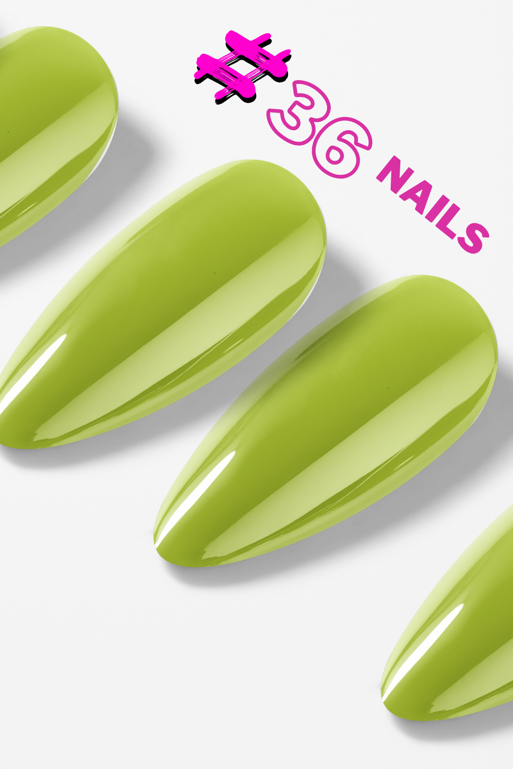 Three green nail samples with a '#36 Nails' label on a white background
