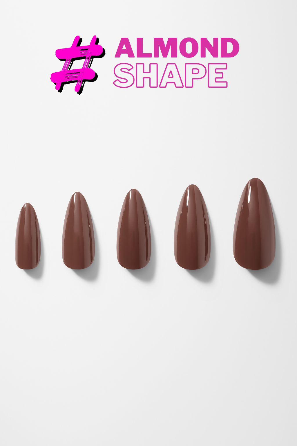 Five almond-shaped nails with a '#ALMOND SHAPE' label on a white background