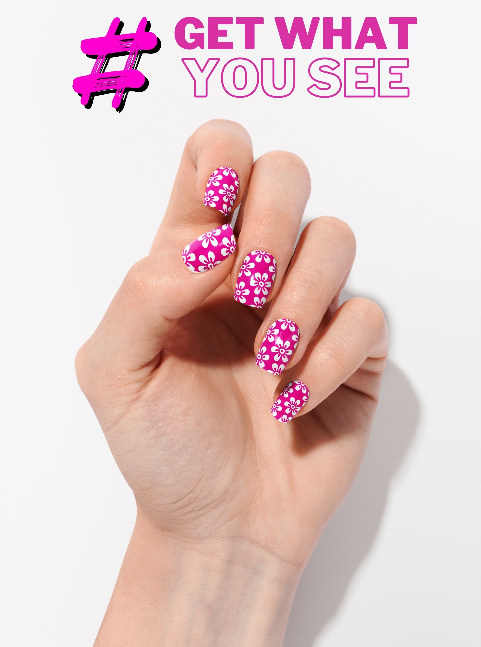 Hand with pink nail polish featuring white polka dots on a light background with '#GET WHAT YOU SEE' text.