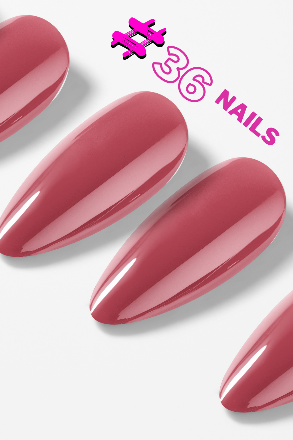 Pink nail extensions on a white background with '#36 Nails' branding.