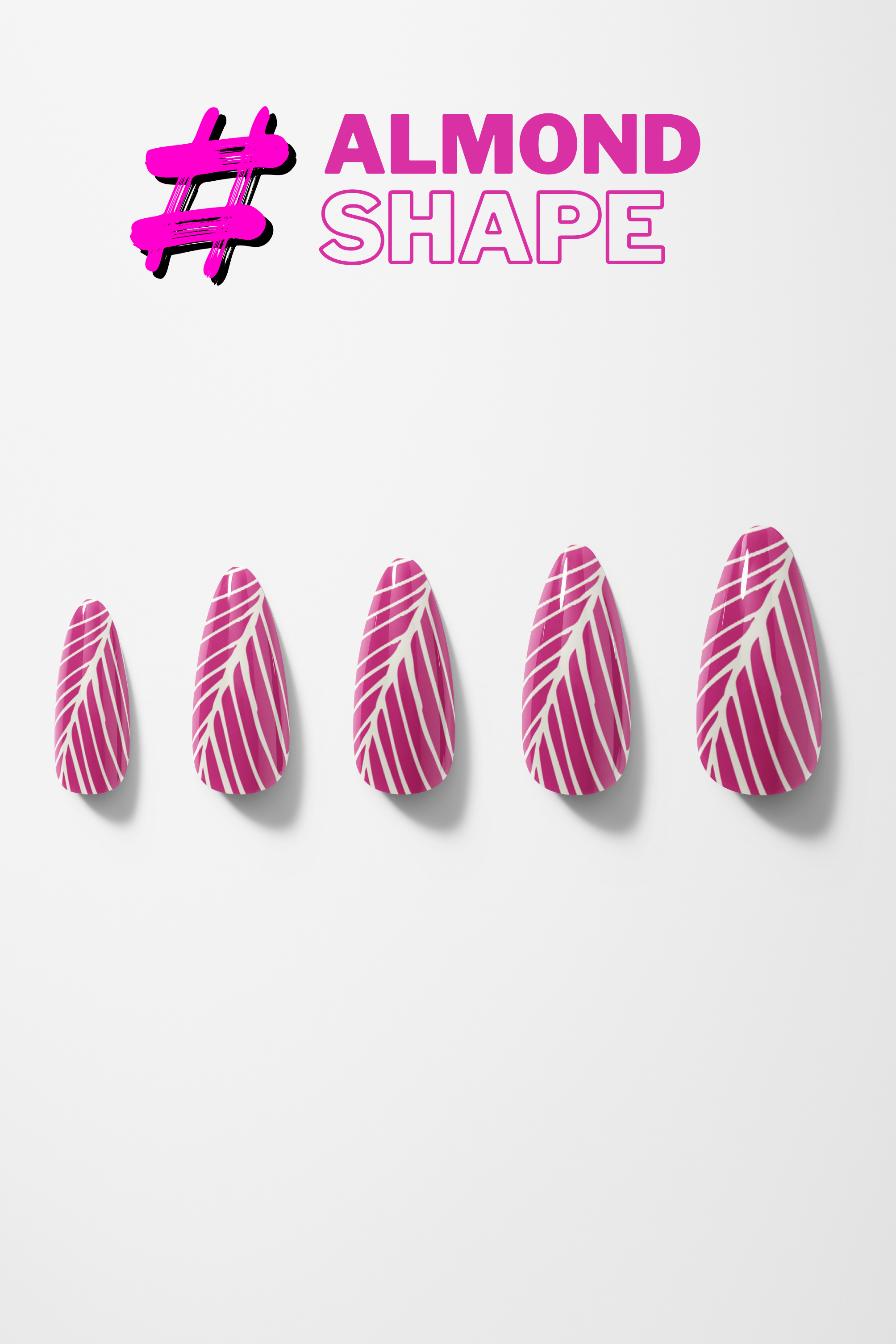Five almond-shaped pink nail designs on a white background with 'Almond Shape' text.