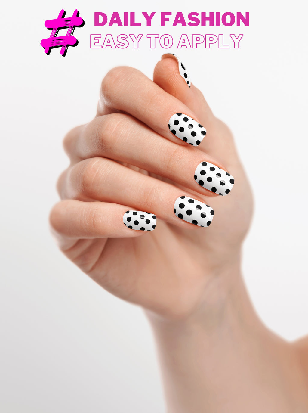 Hand with decorated nails and '# Daily Fashion Easy to Apply' text on a light background