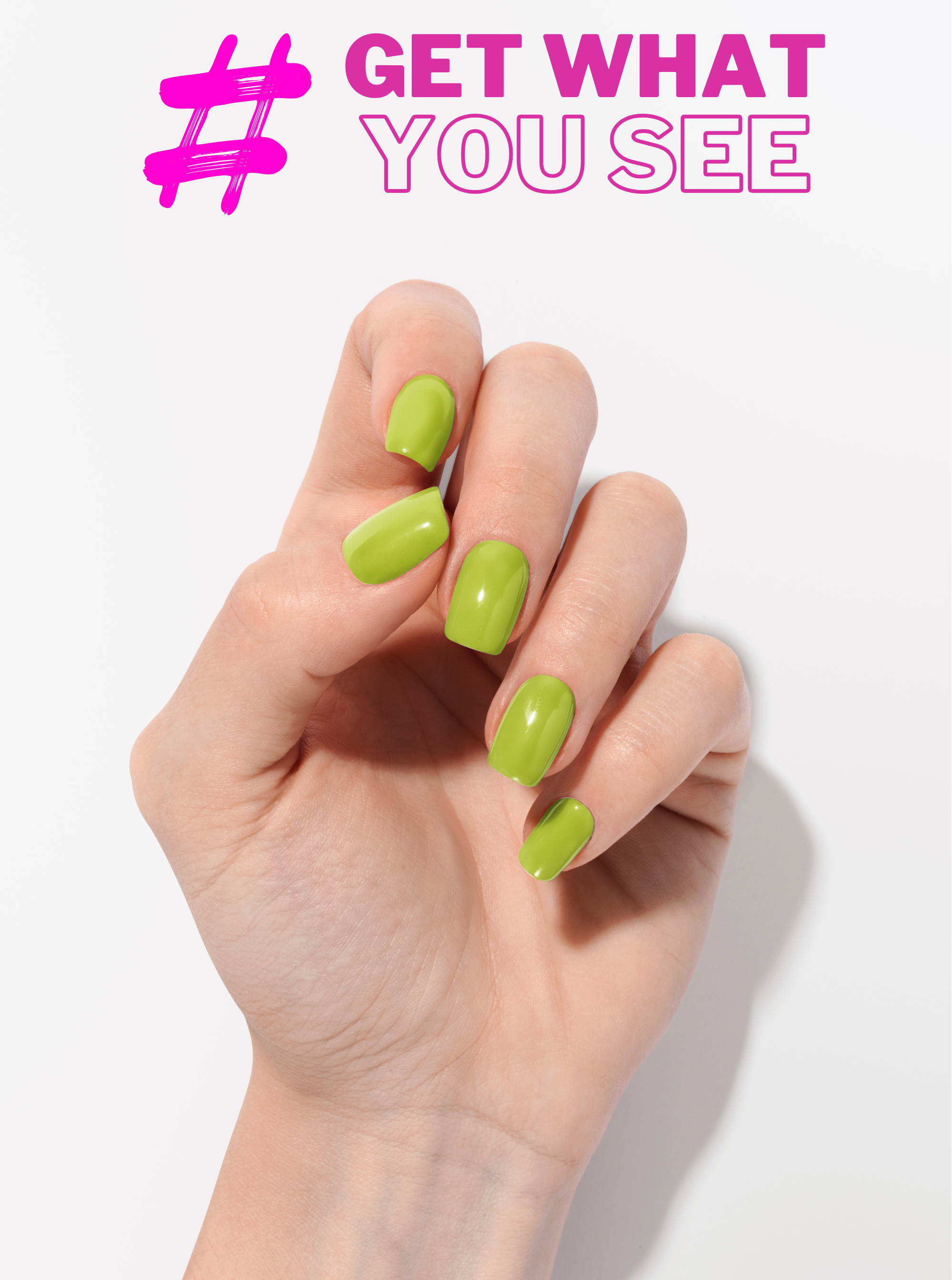 Hand with green nails holding a small object against a white background with '#GET WHAT YOU SEE' text.
