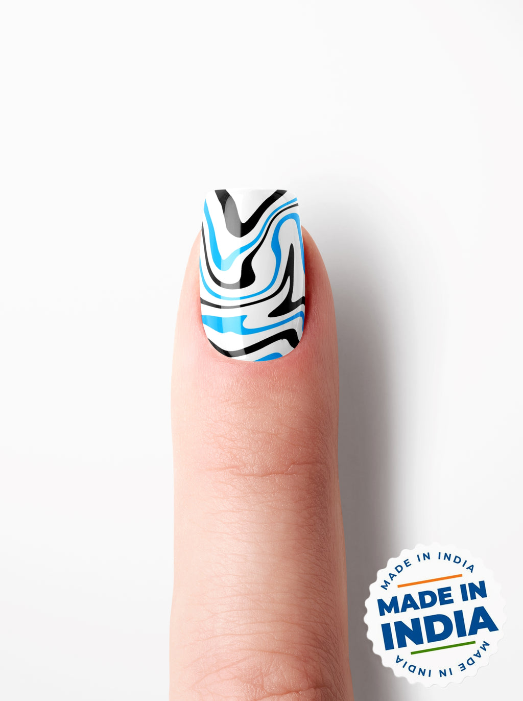 Nail with blue and black pattern on a white background with 'Made in India' badge.
