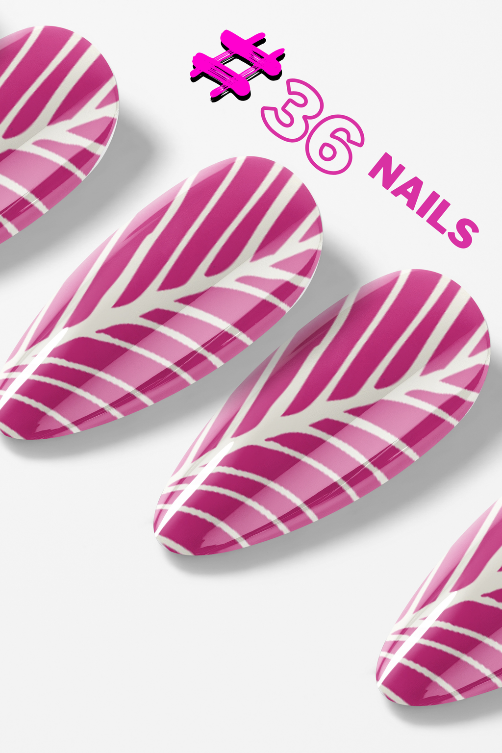 Pink and white striped nail art designs on a white background with '#36 Nails' branding.