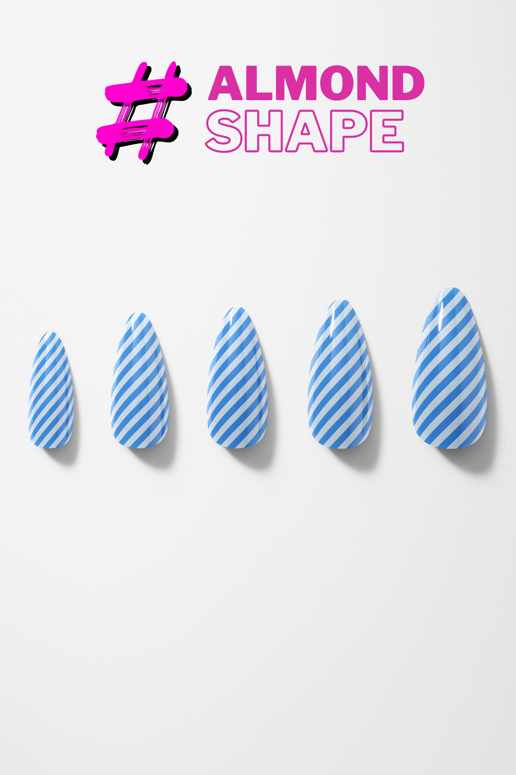 Set of blue and white striped false nails with 'Almond Shape' text on a white background