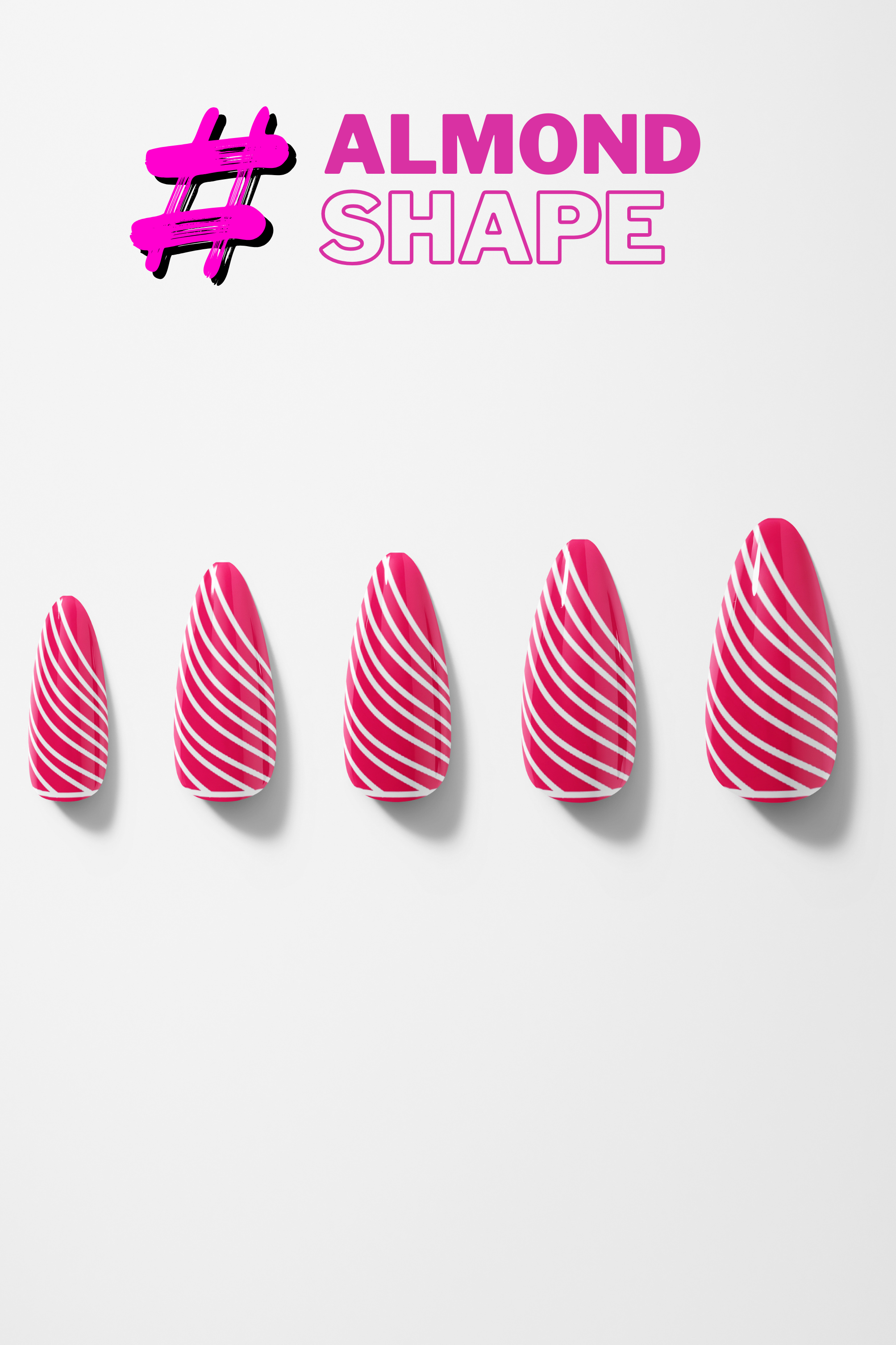 Five pink nail art designs with wavy pattern on a white background, labeled 'Almond Shape'.