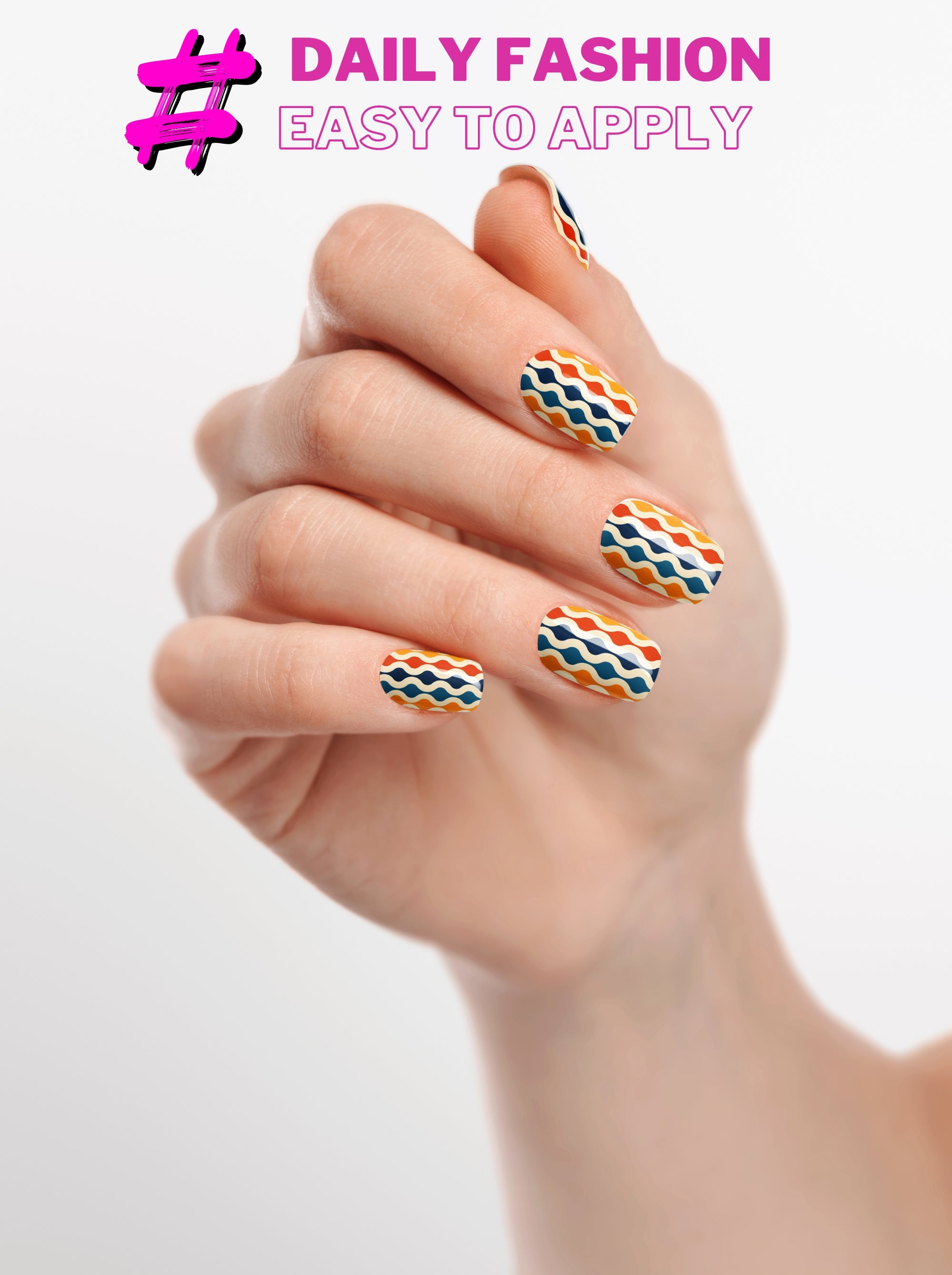 Hand with colorful geometric nail art on a white background