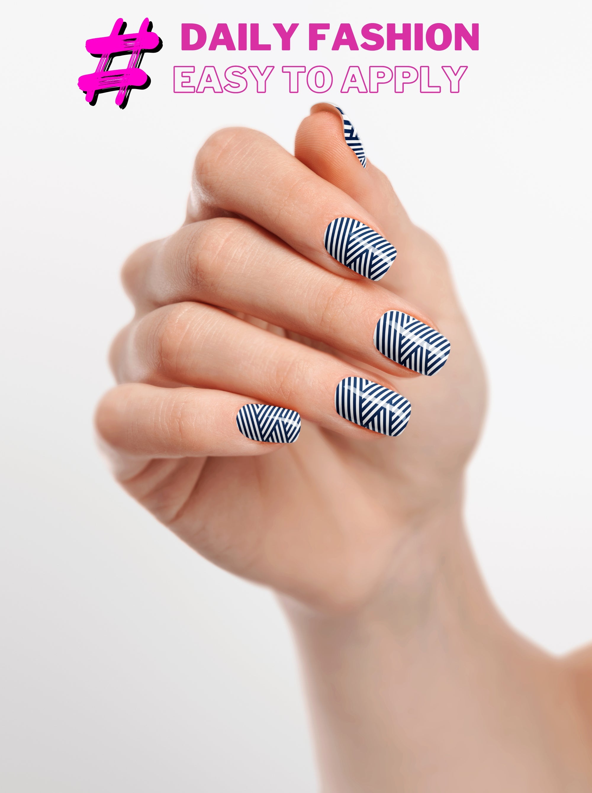 Hand with striped nail art on a light background with promotional text.