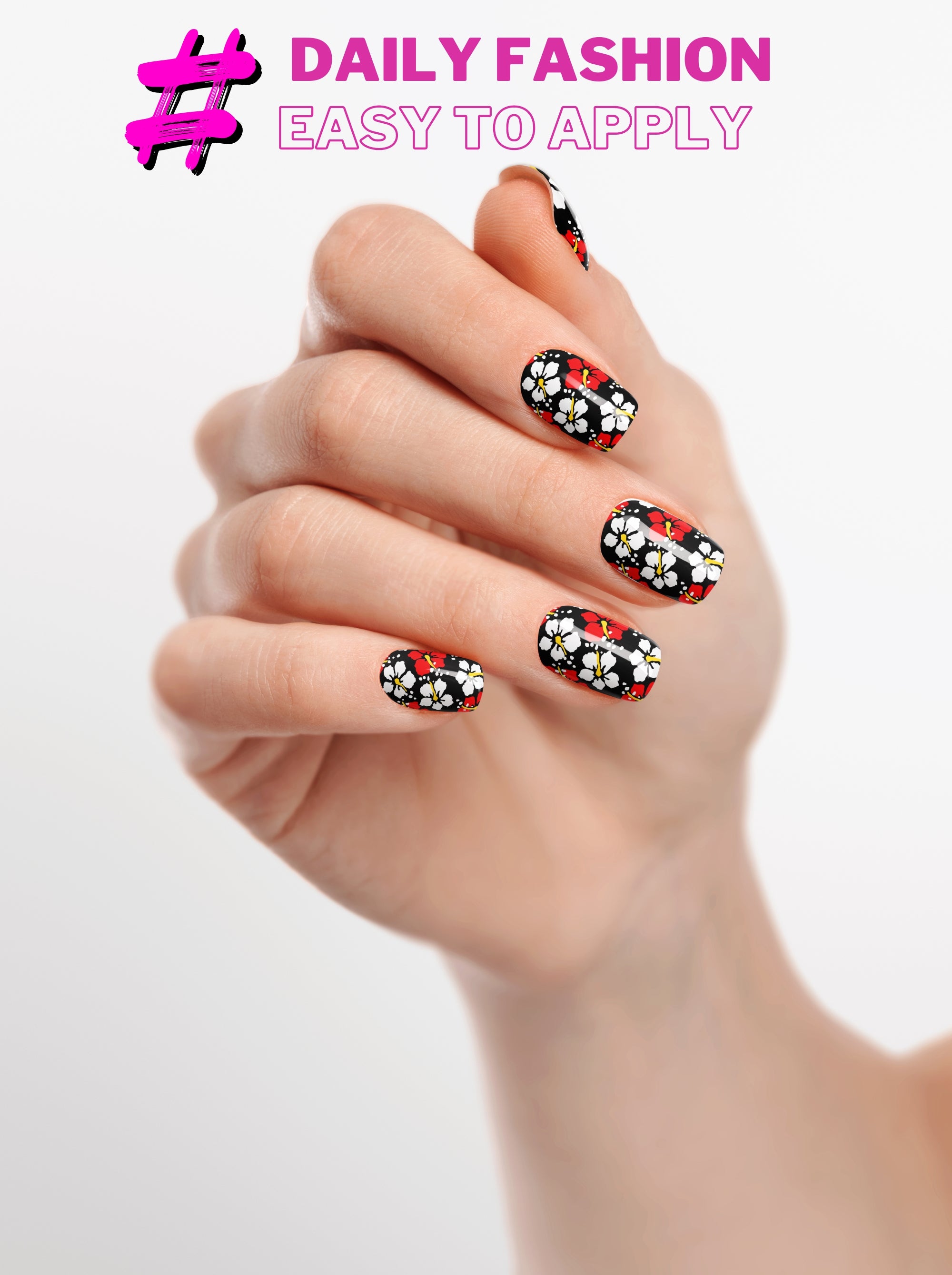 Hand with decorated nails featuring a floral pattern on a white background