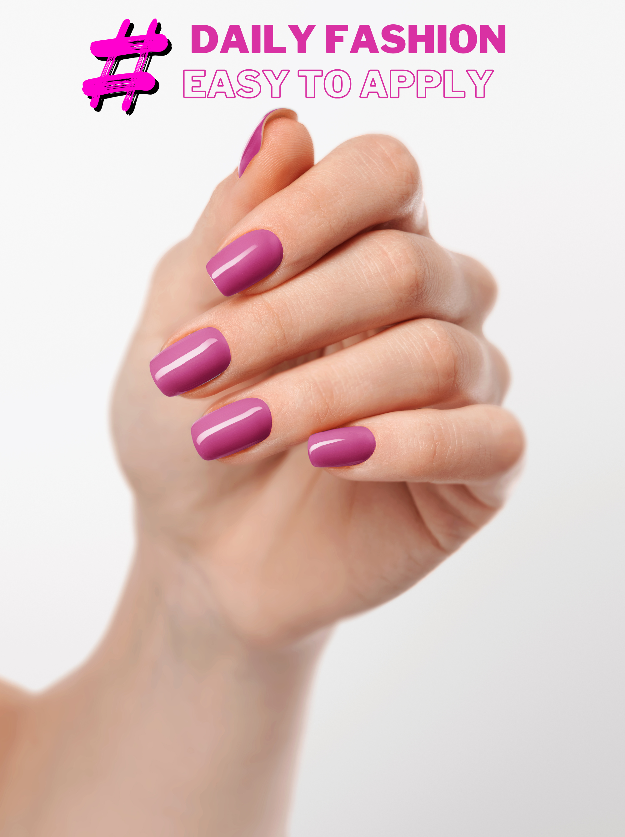 Hand with pink nail polish on a white background, promoting daily fashion ease of application.