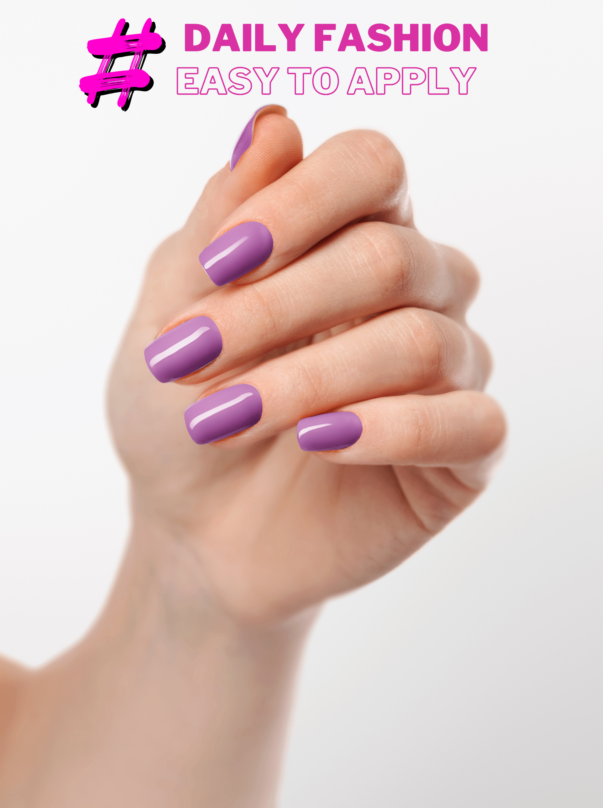 Hand with purple nail polish on a white background, promoting daily fashion ease of application.
