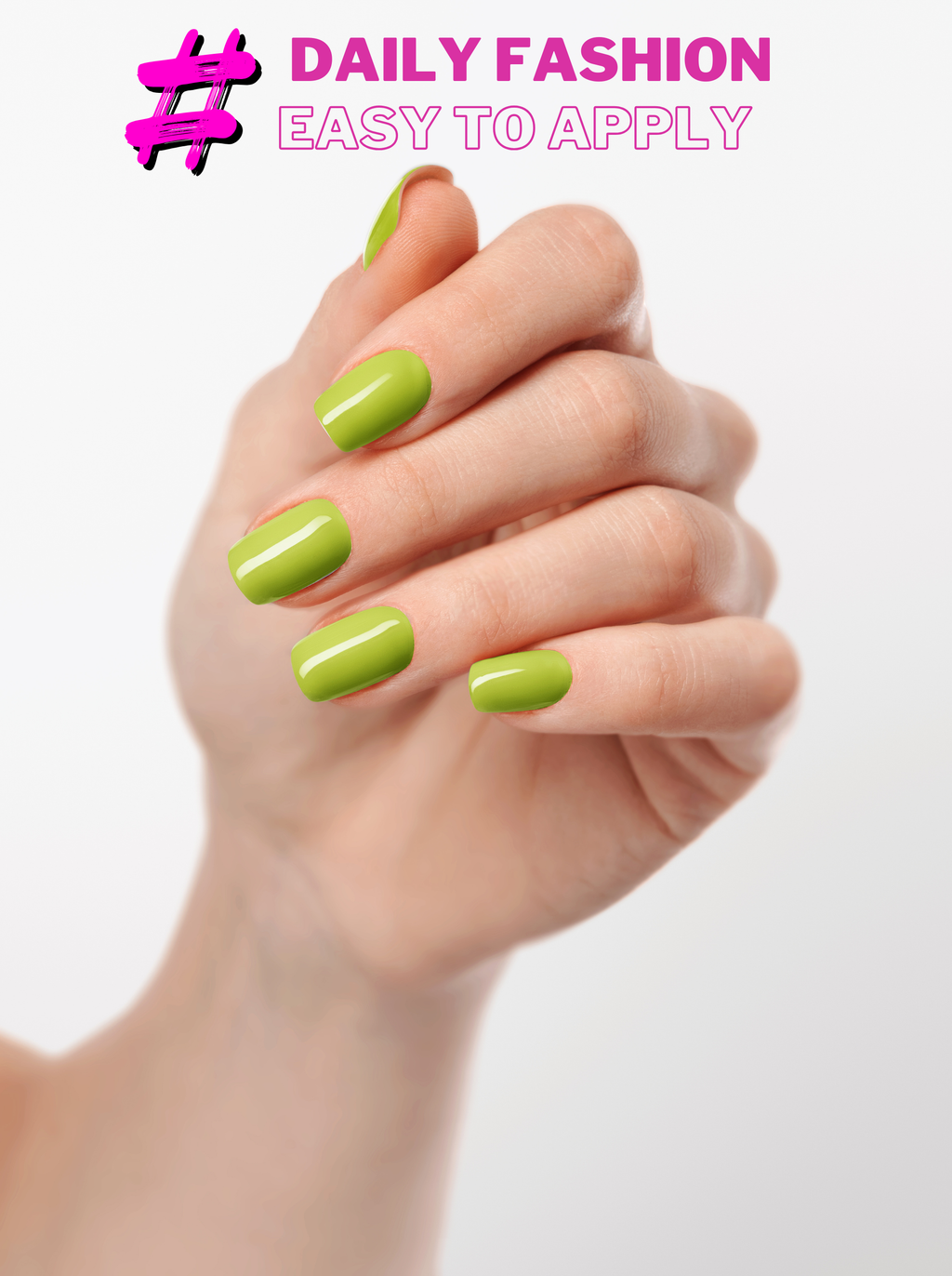 Hand with green nails on a white background, promoting daily fashion ease of application.