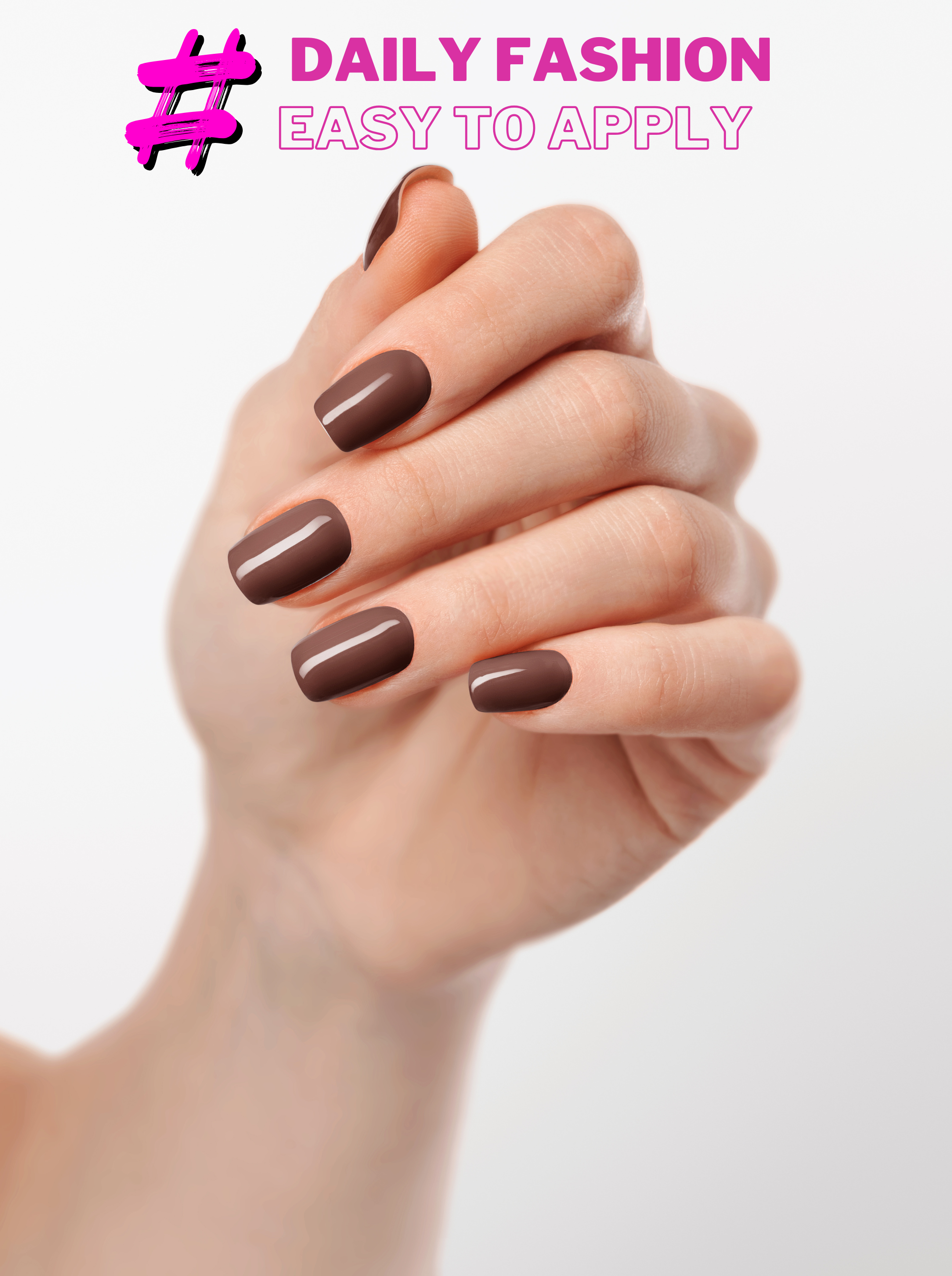 Hand with brown nail polish on a light background, promoting daily fashion ease of application.