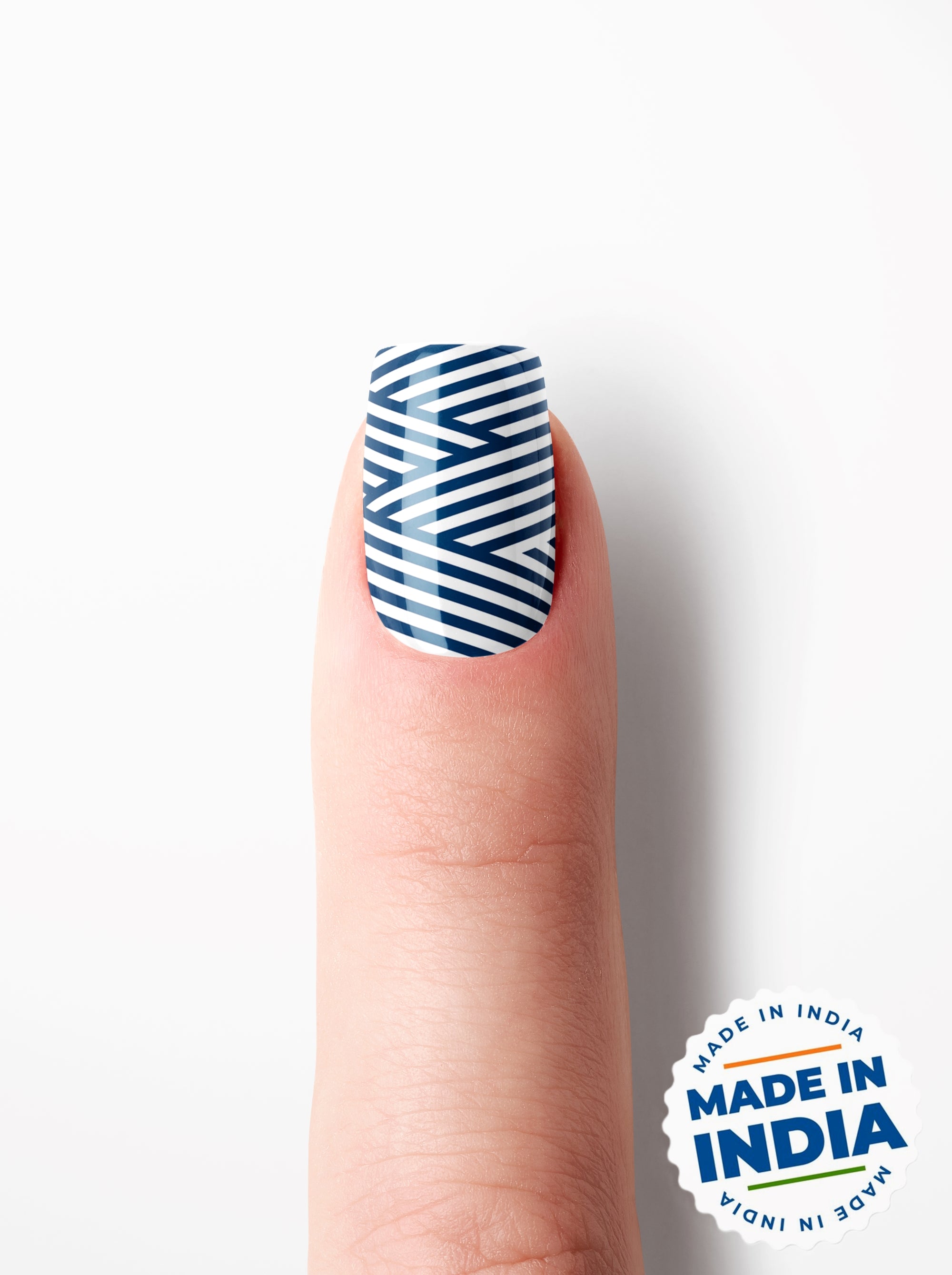Nail with blue and white striped design on a white background with 'Made in India' badge.