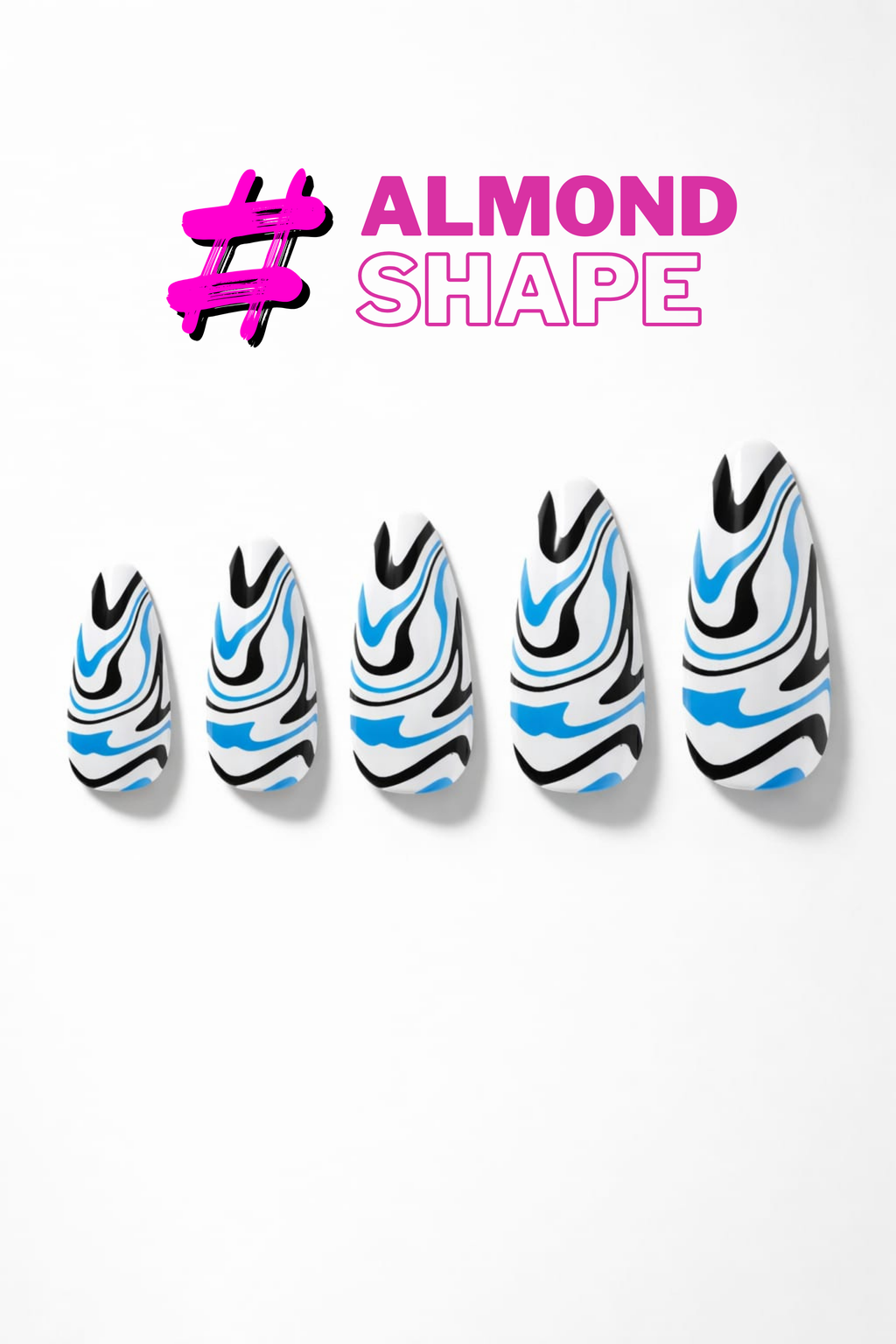 Five nail designs with a '#Almond Shape' label on a white background