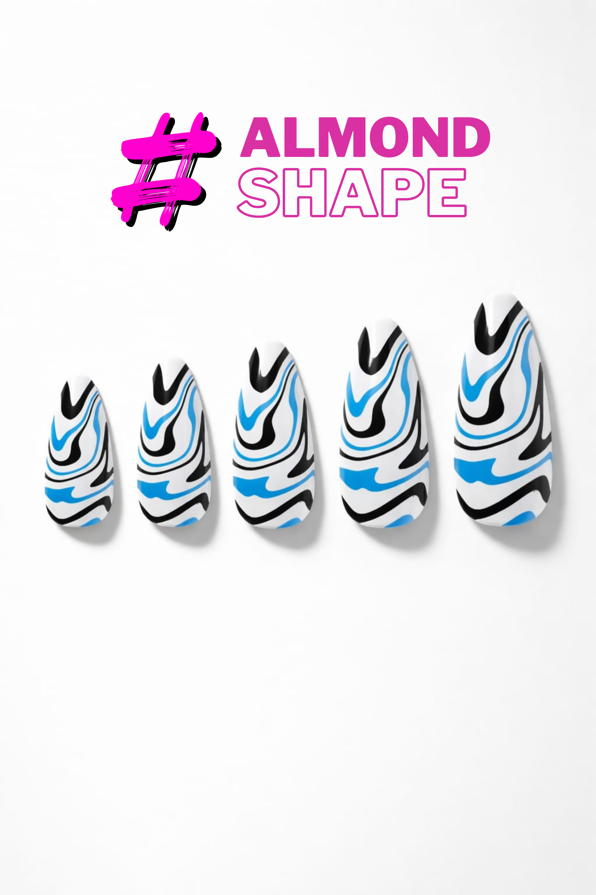 Five nail designs with a '#Almond Shape' label on a white background