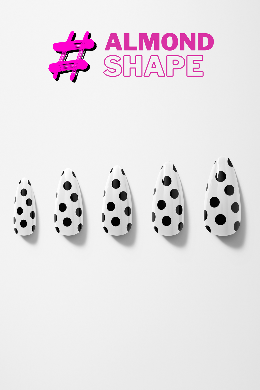Polka dot nail art design with 'Almond Shape' text on a white background
