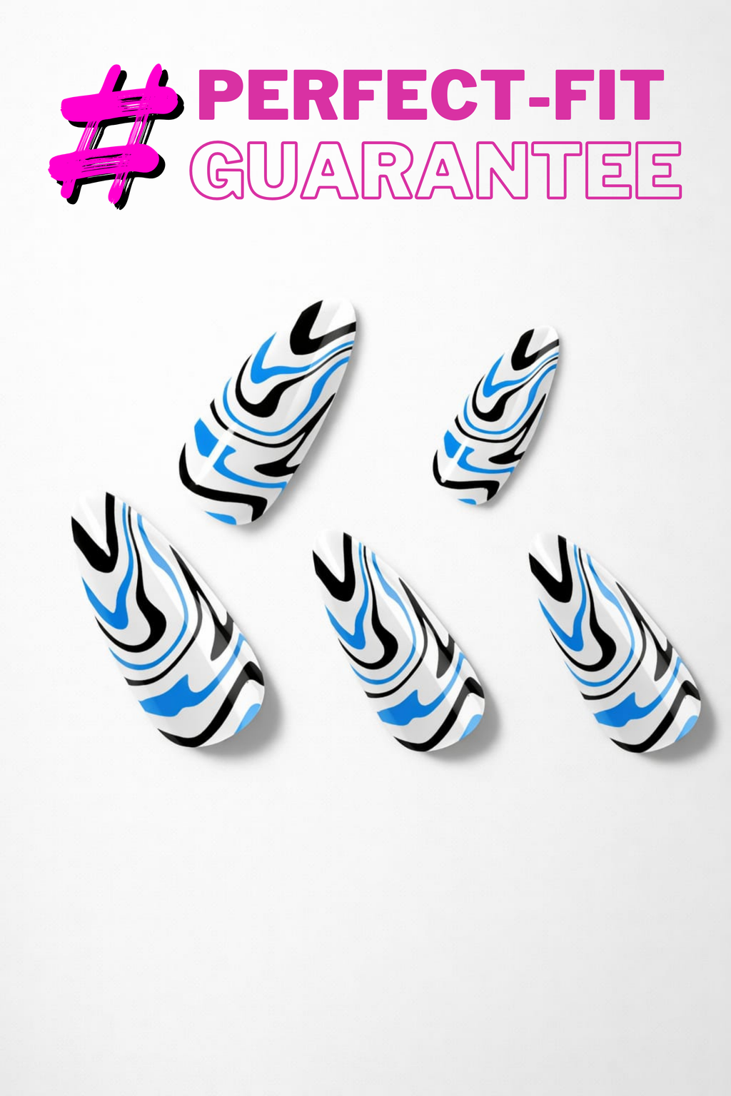 Nail wraps with black and blue designs on a white background, featuring 'Perfect-Fit Guarantee' text.