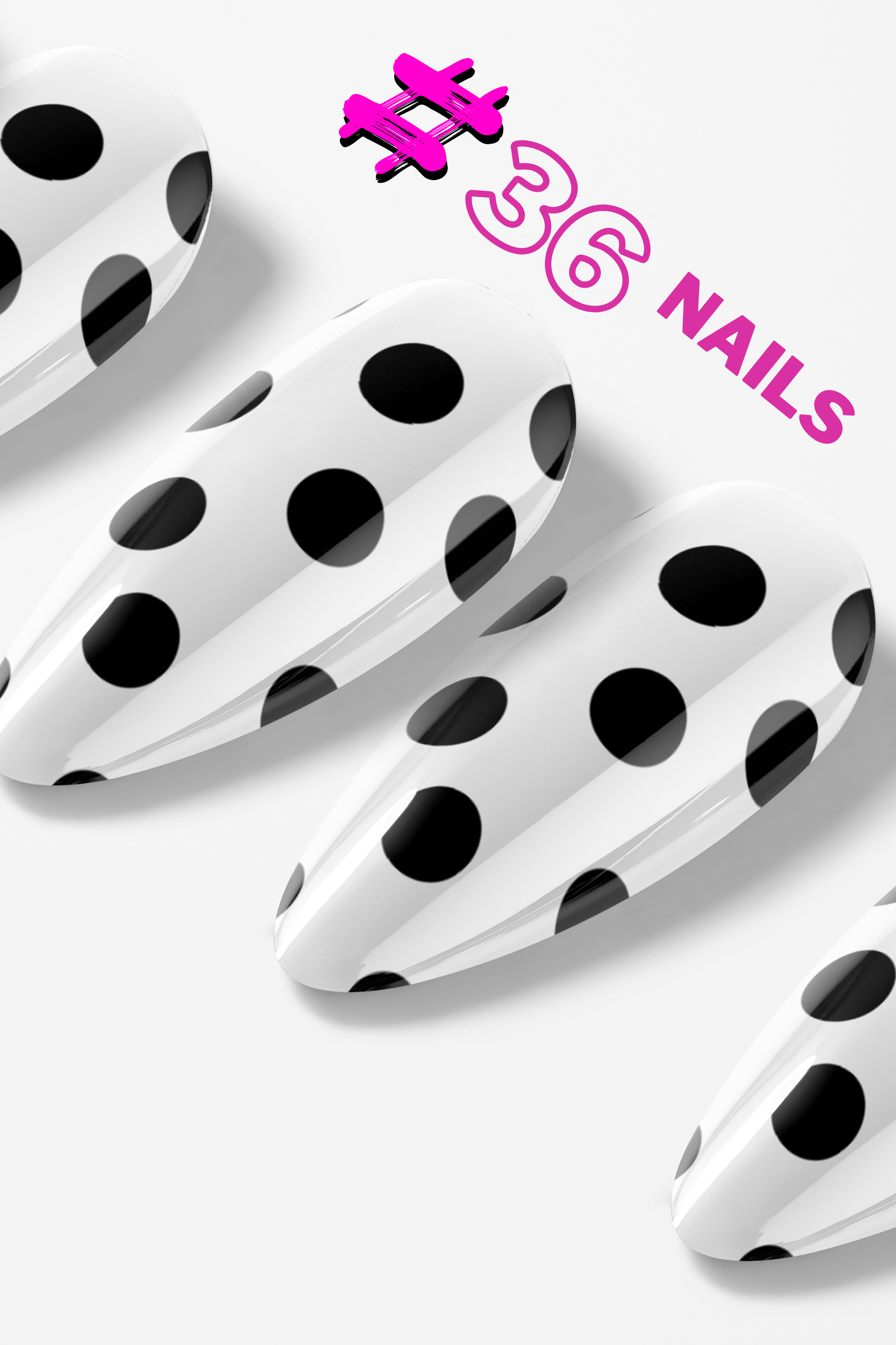 Polka dot nail forms with black dots on a white background, branded '#36 Nails'.