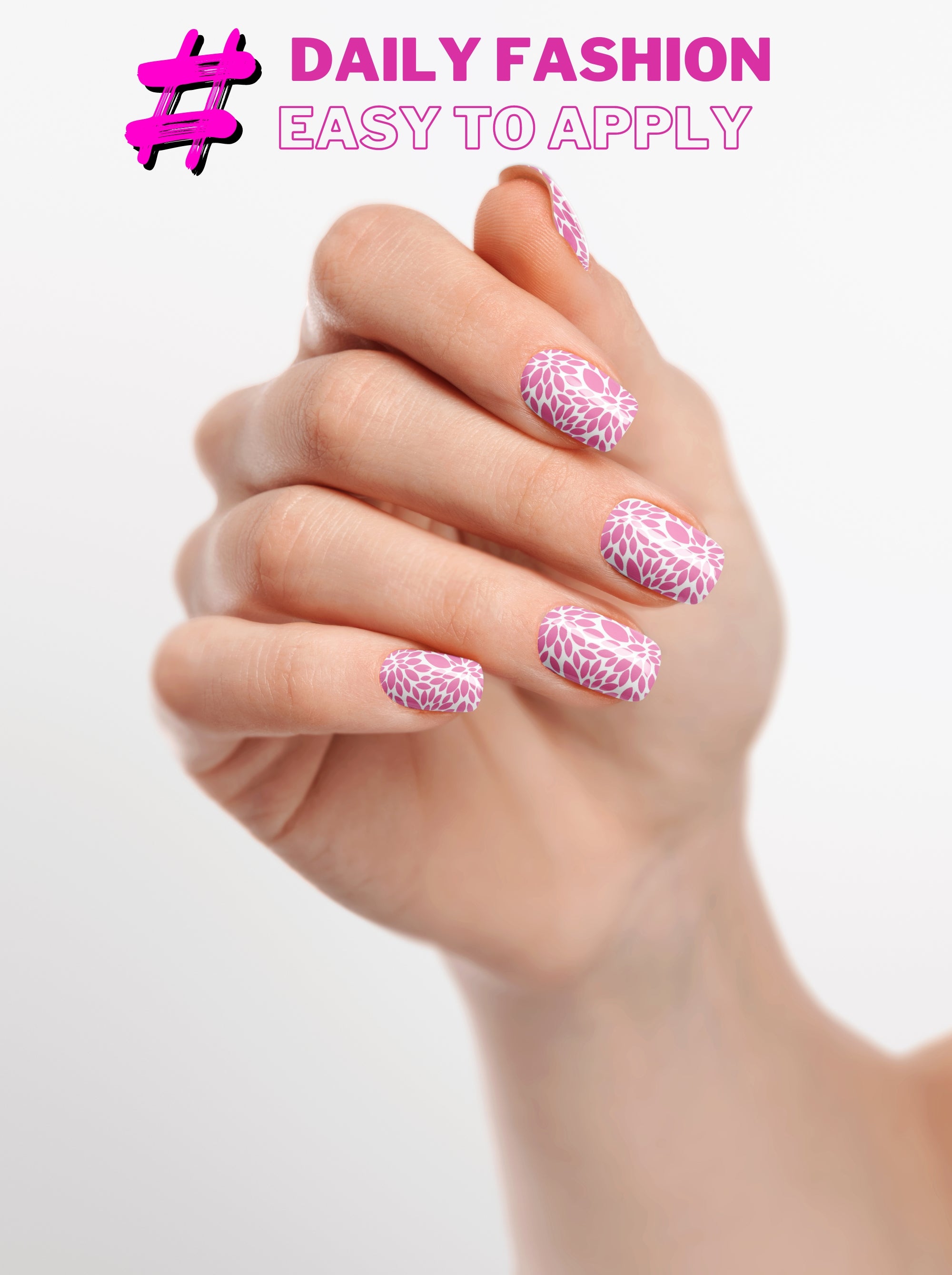 Hand with red and white striped nail design on a light background