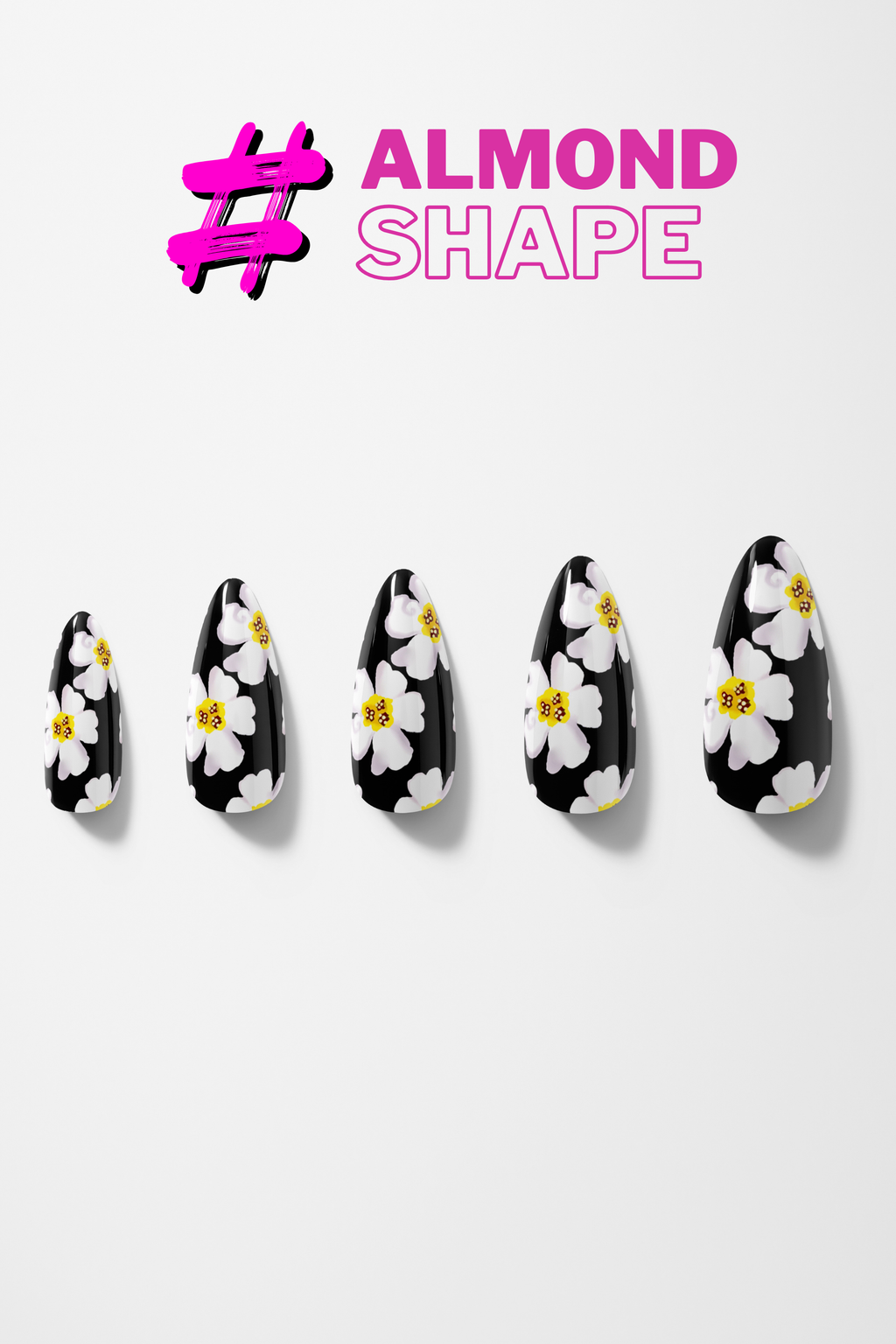 Nail art design with flowers on black almond-shaped nails against a white background.