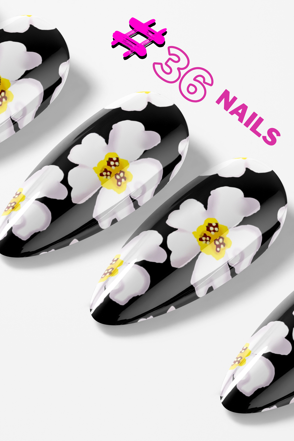 Black nail art with white flowers and yellow centers on a white background, featuring '#36 Nails' text.