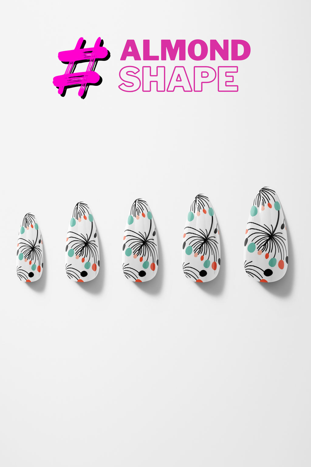 Decorative nail art designs on a white background with 'Almond Shape' text.