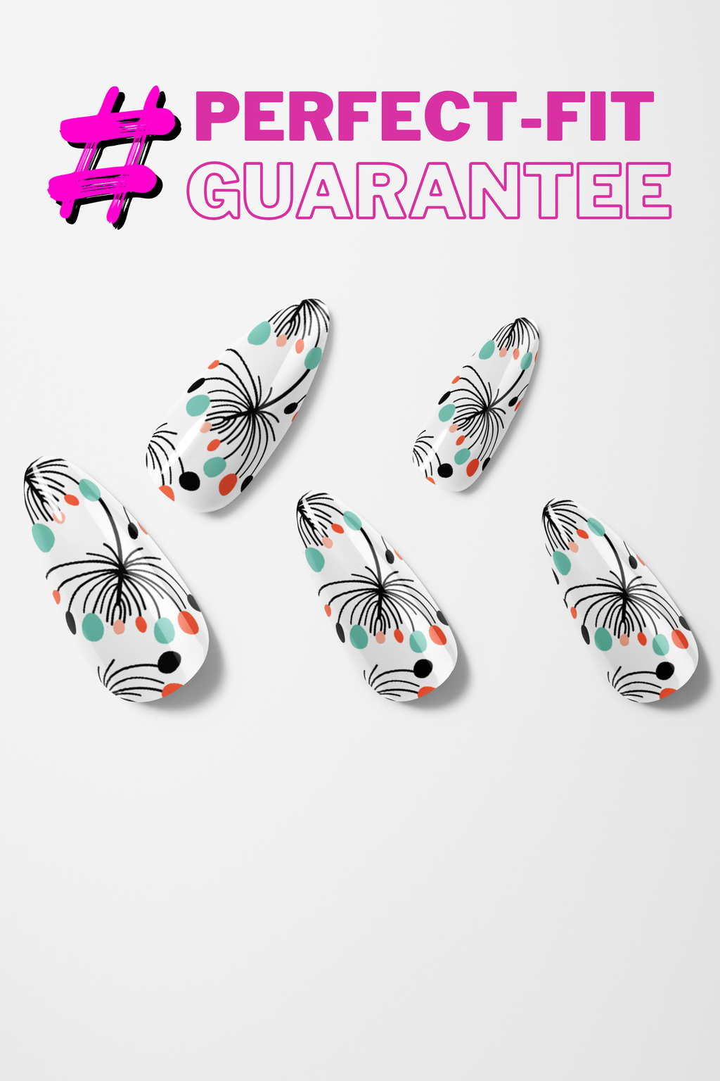 Decorative nail art with butterfly designs on a white background, featuring '#PERFECT-FIT GUARANTEE' text.