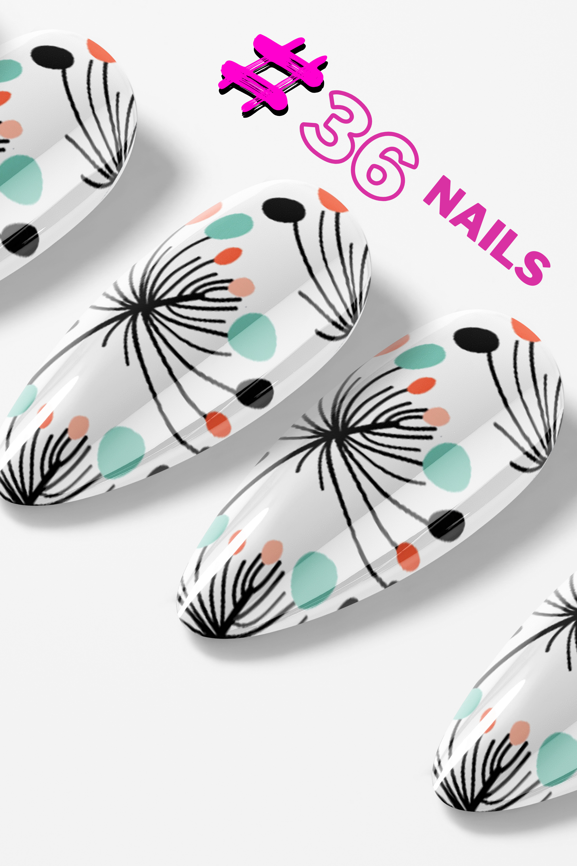 Nail art design with abstract patterns on a white background, featuring the brand '#36 Nails'.