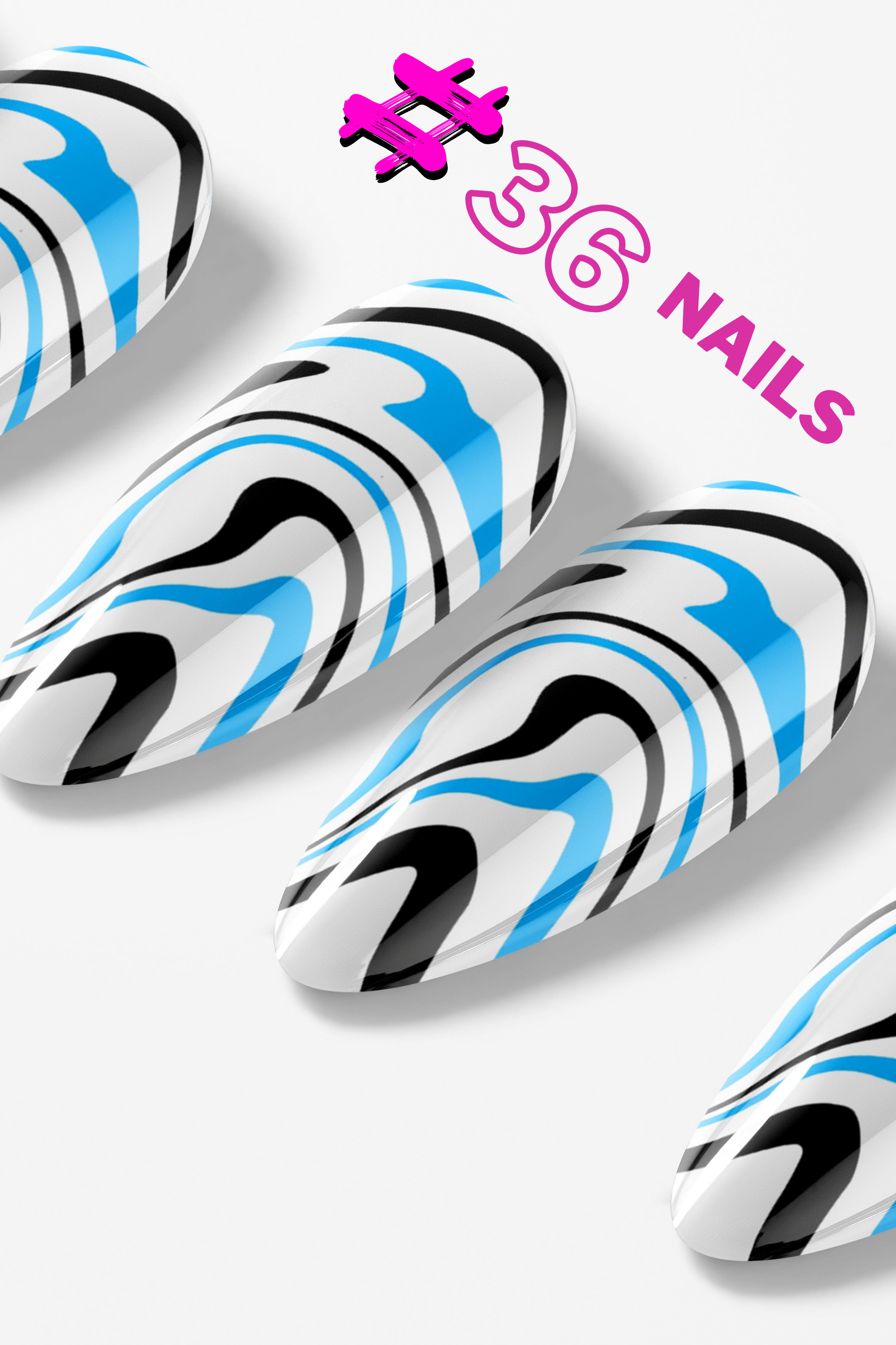 Marbled nail art design with blue, black, and white patterns on a white background, featuring '#36 Nails' text.