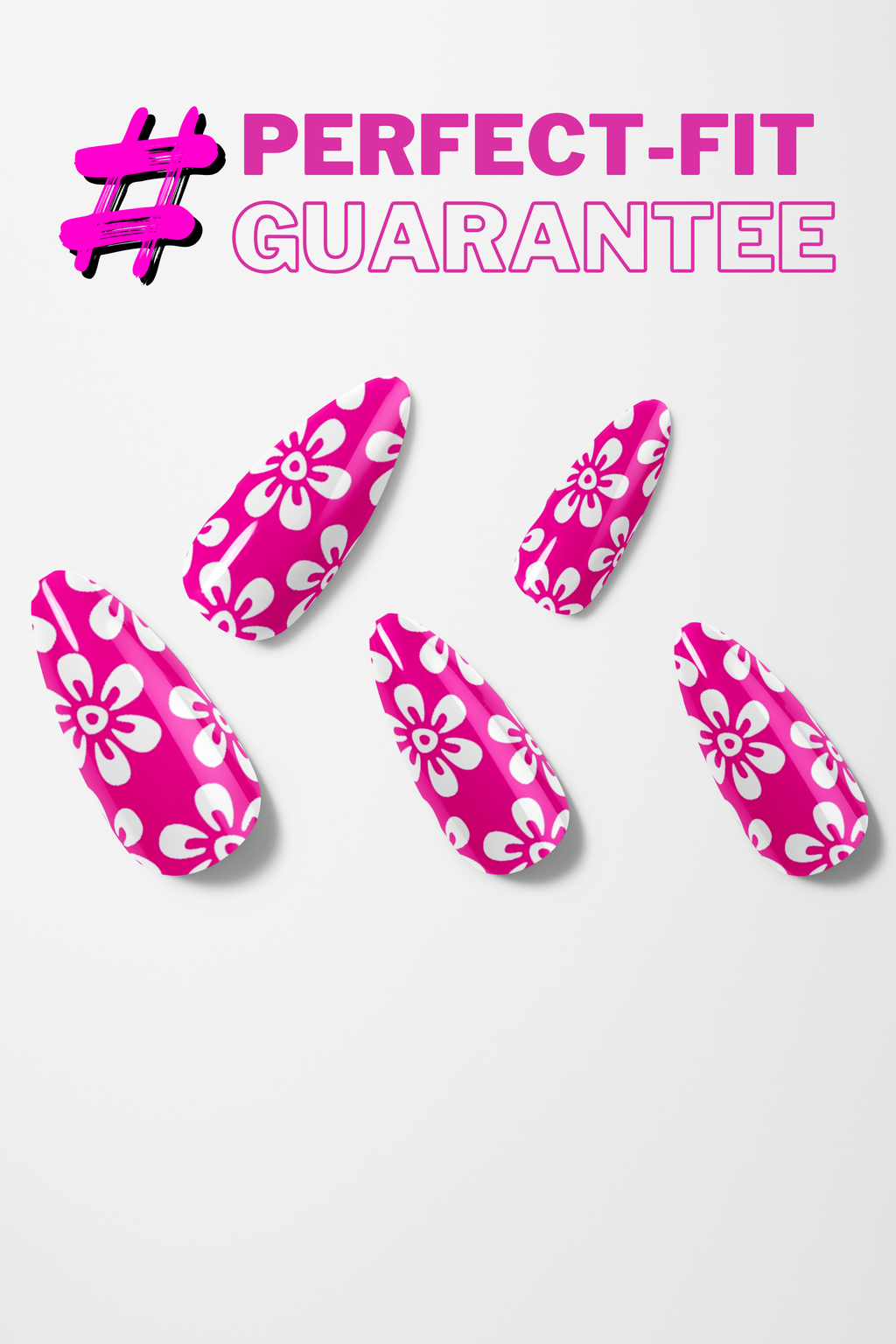Pink nail wraps with white floral patterns on a white background, featuring '#PERFECT-FIT GUARANTEE' text.