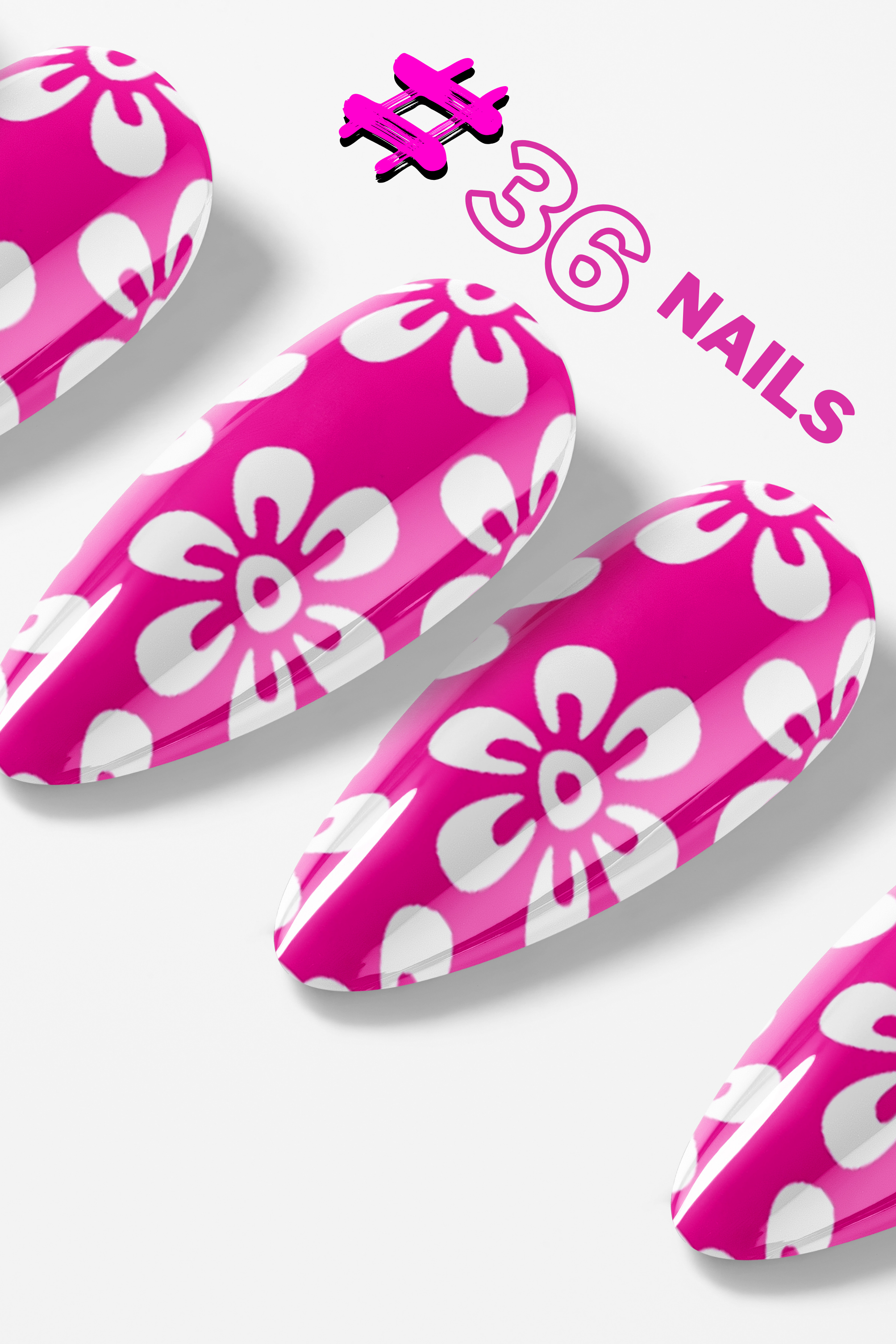 Pink nail art designs with white floral patterns on a white background, branded '#36 Nails'.