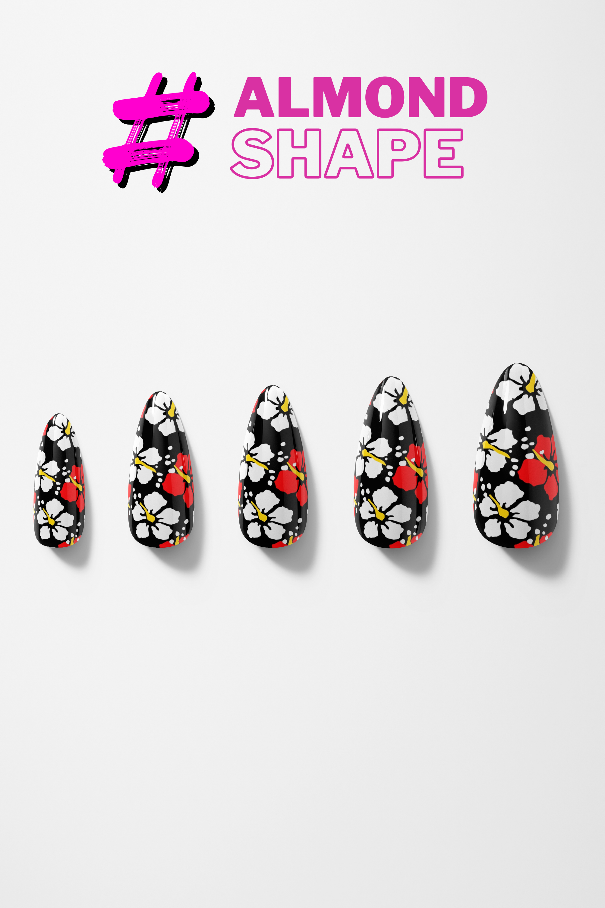 Set of five almond-shaped nails with floral design on a white background, labeled '#ALMOND SHAPE'.