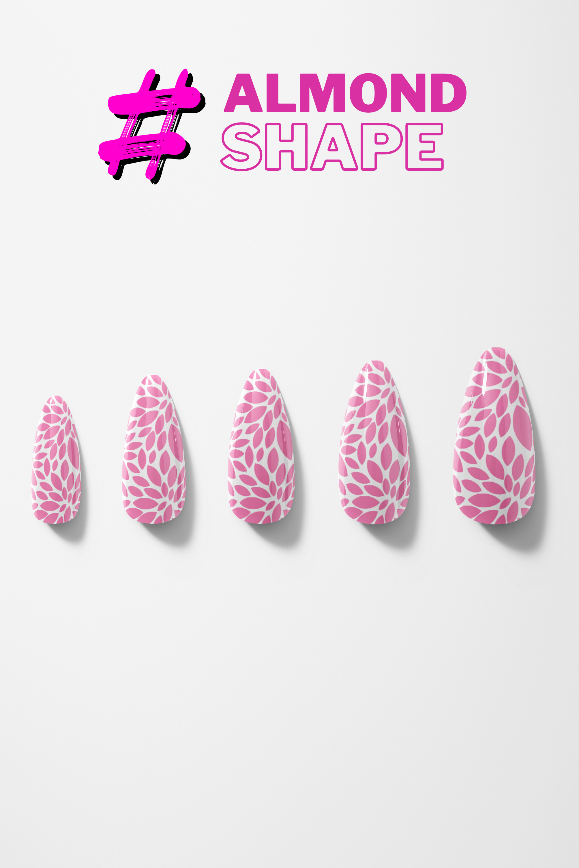 Five pink almond-shaped nails with '#ALMOND SHAPE' text on a white background