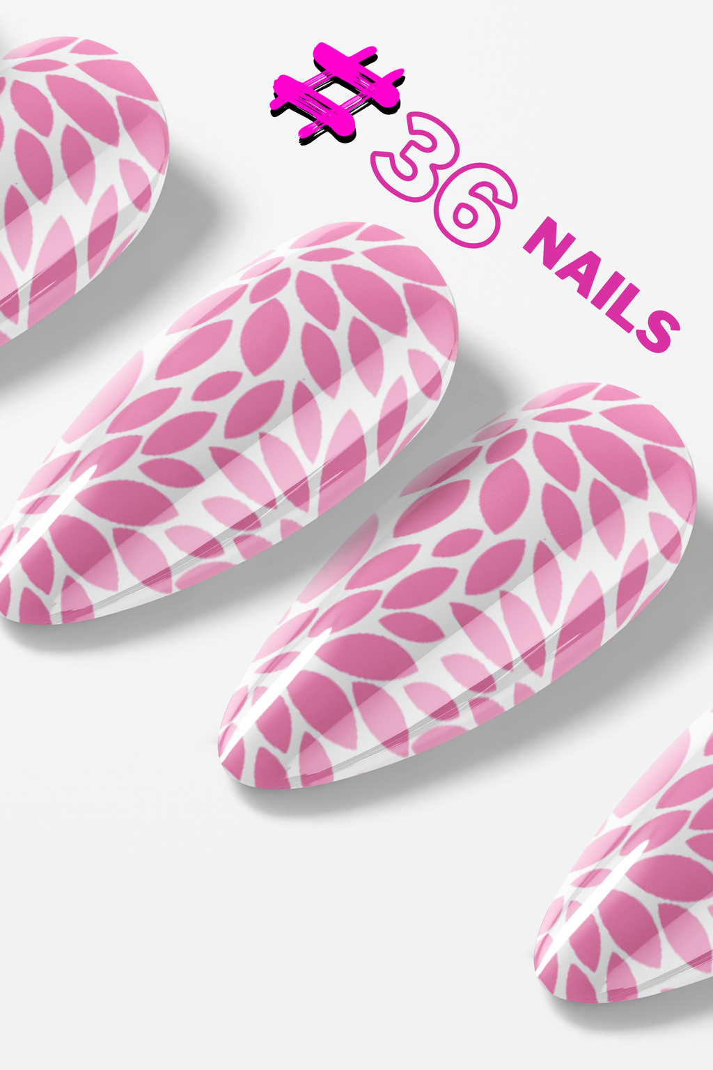 Pink and white nail art stickers with a leaf pattern on a white background, branded '#36 Nails'.
