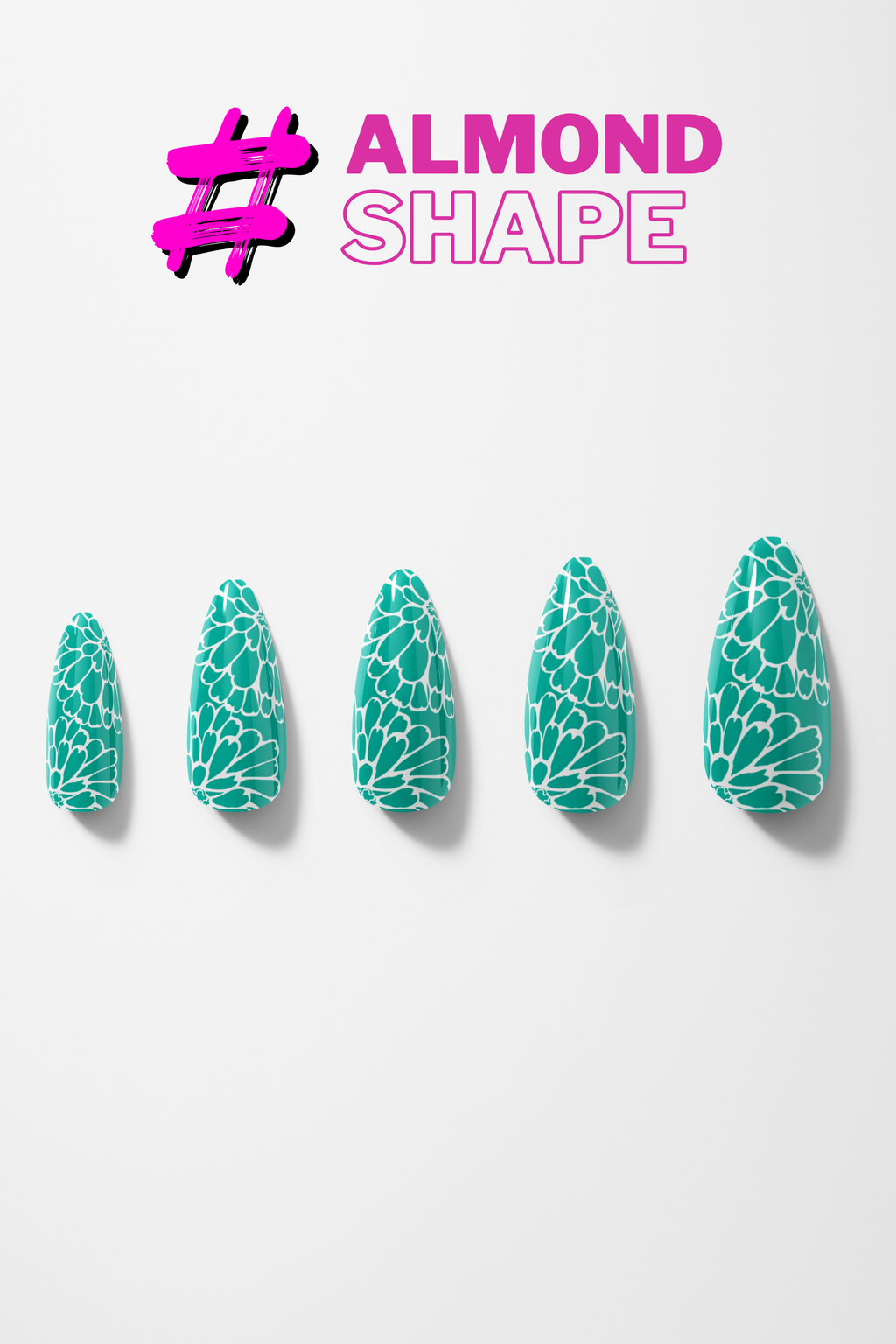 Five teal almond-shaped nails with a '#ALMOND SHAPE' text on a white background