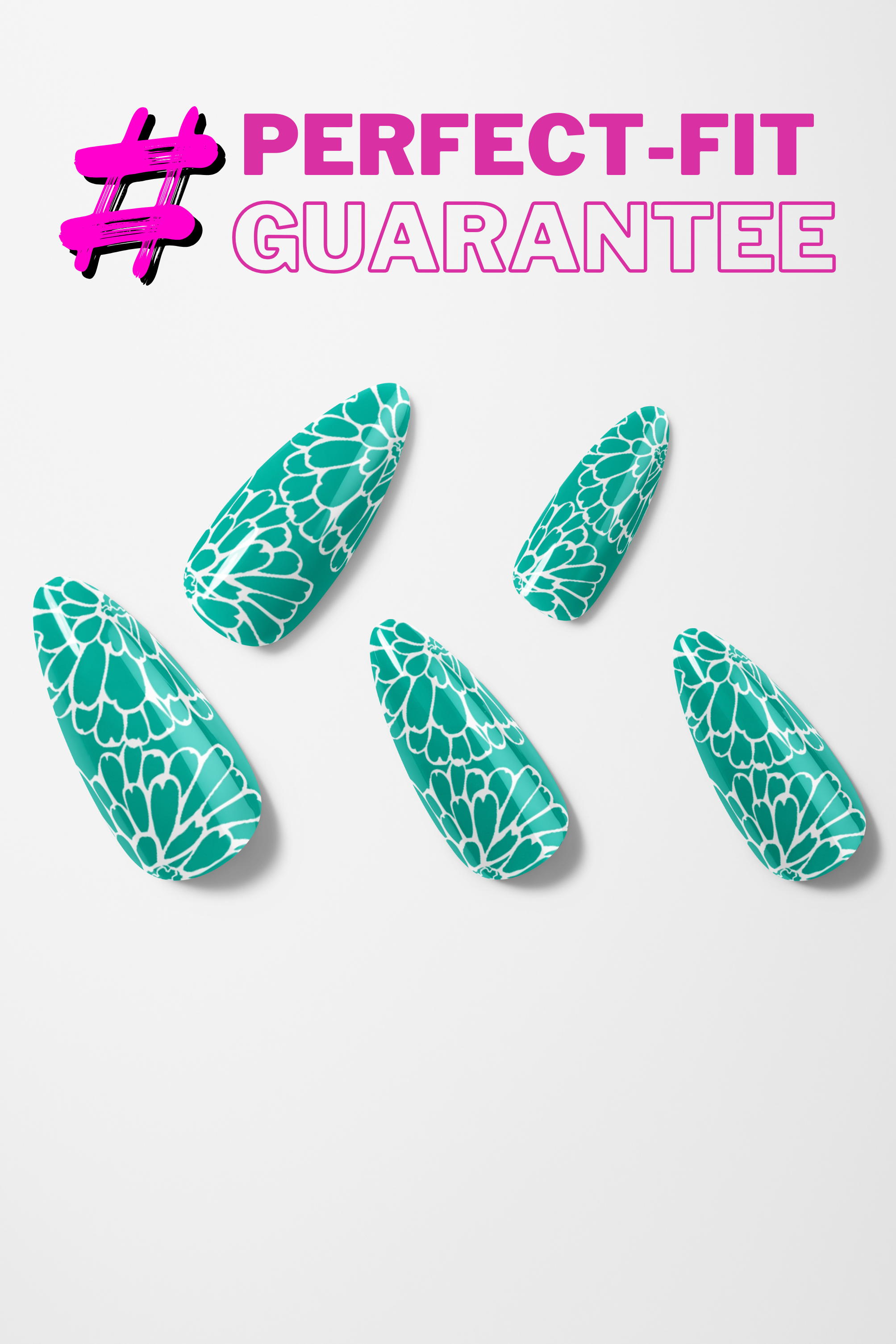 Teal nail art designs on a white background with '#PERFECT-FIT GUARANTEE' text.