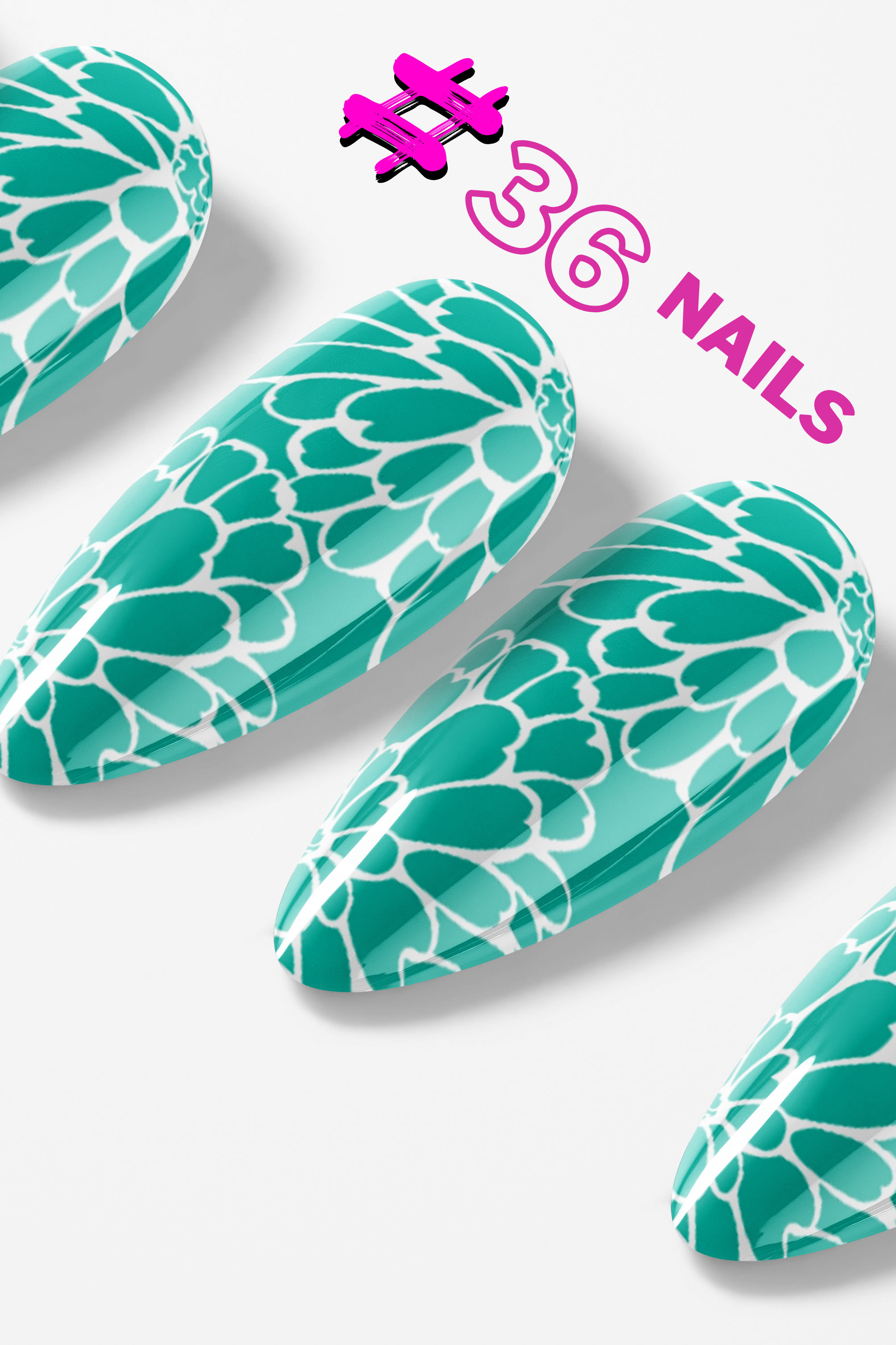 Teal floral patterned nails with '#36 Nails' branding on a white background